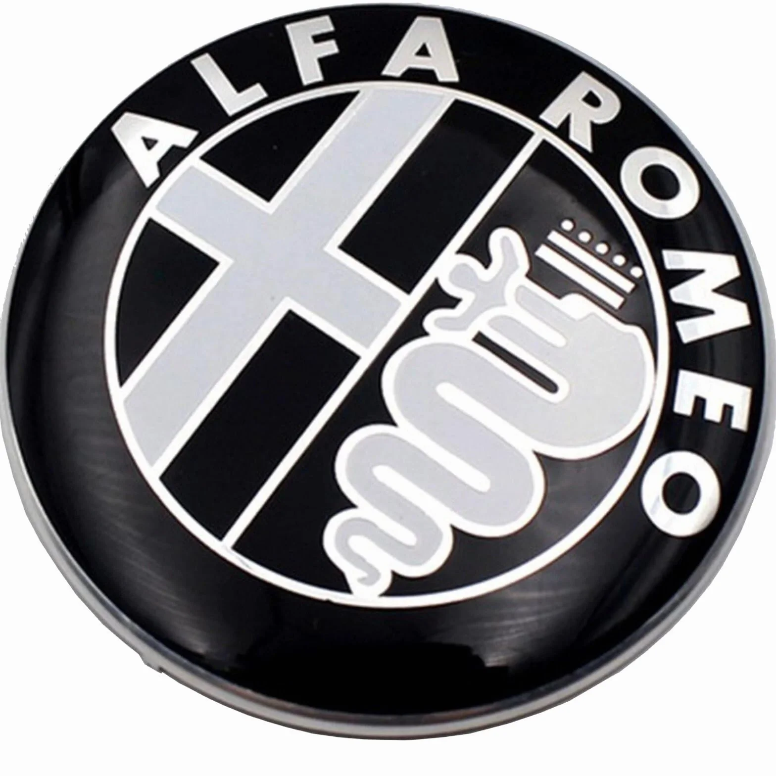 2 Fregi Stemma Compatibili con Alfa Romeo Auto Logo 74mm Nero Bianco Per Cofano Anteriore e Posteriore Emblema Stemmi in Metallo