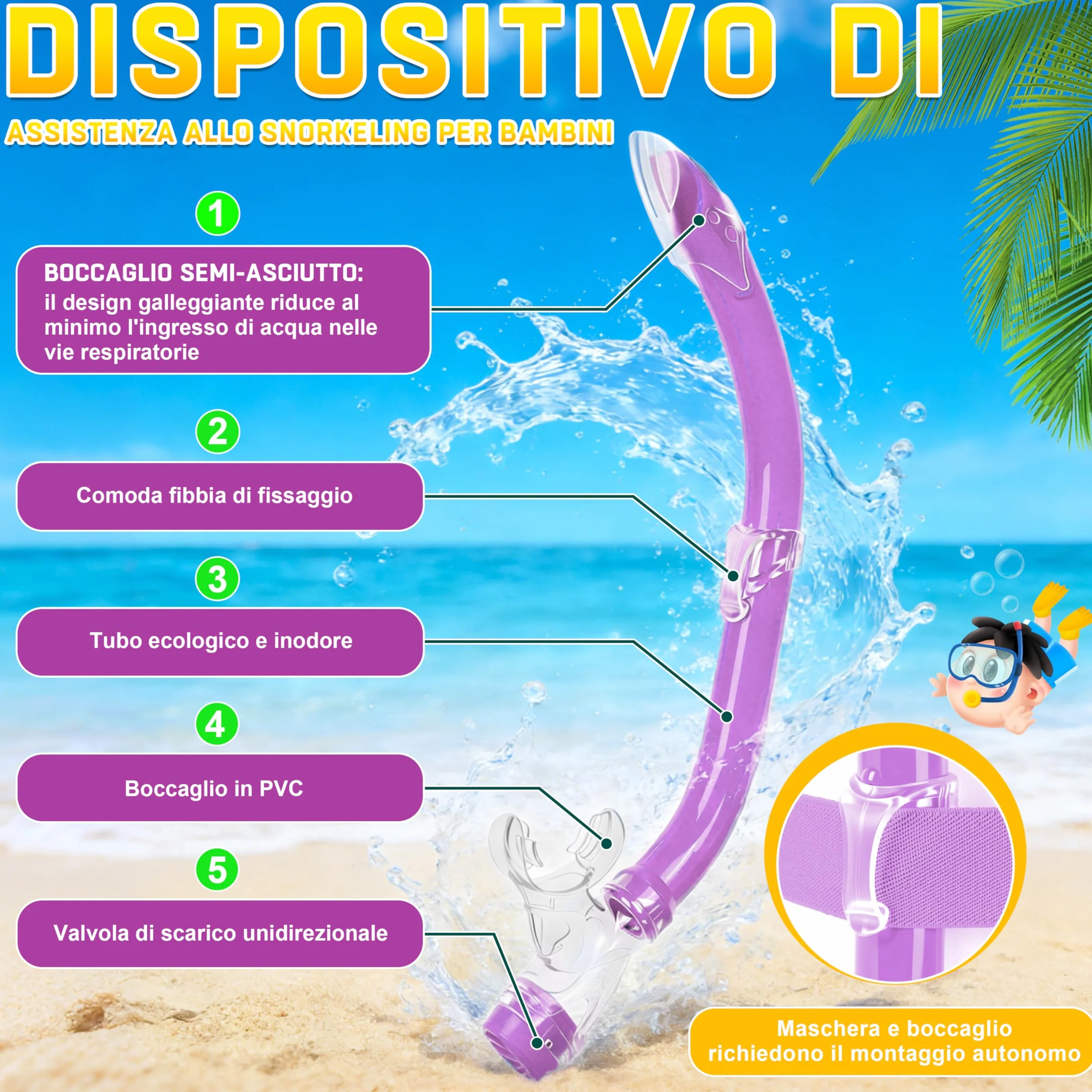 IEEILULU Maschera Subacquea Bambini Occhialini Boccaglio Tappi Impermeabili Retina Antiappannamento Visione Panoramica 180° HD 4 Colori