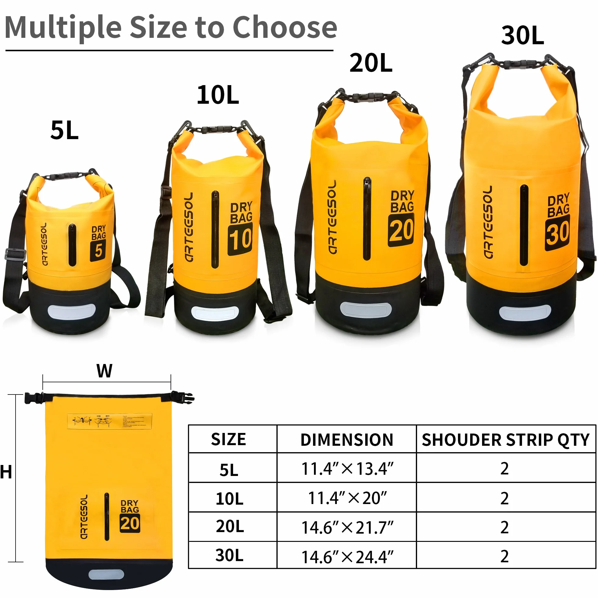 Borsa Impermeabile 5L/10L/20L/30L Waterproof Dry Bag Zaino Sacca Stagna con Doppia Tracolla per Nuoto Kayak Canottaggio Pesca Viaggiare in Bicicletta Spiaggia