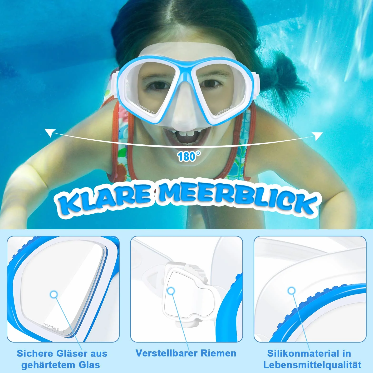 Supertrip Set da snorkeling bambini 3 pezzi pinne regolabili occhiali subacquei vetro temperato boccaglio ad asciugatura premium