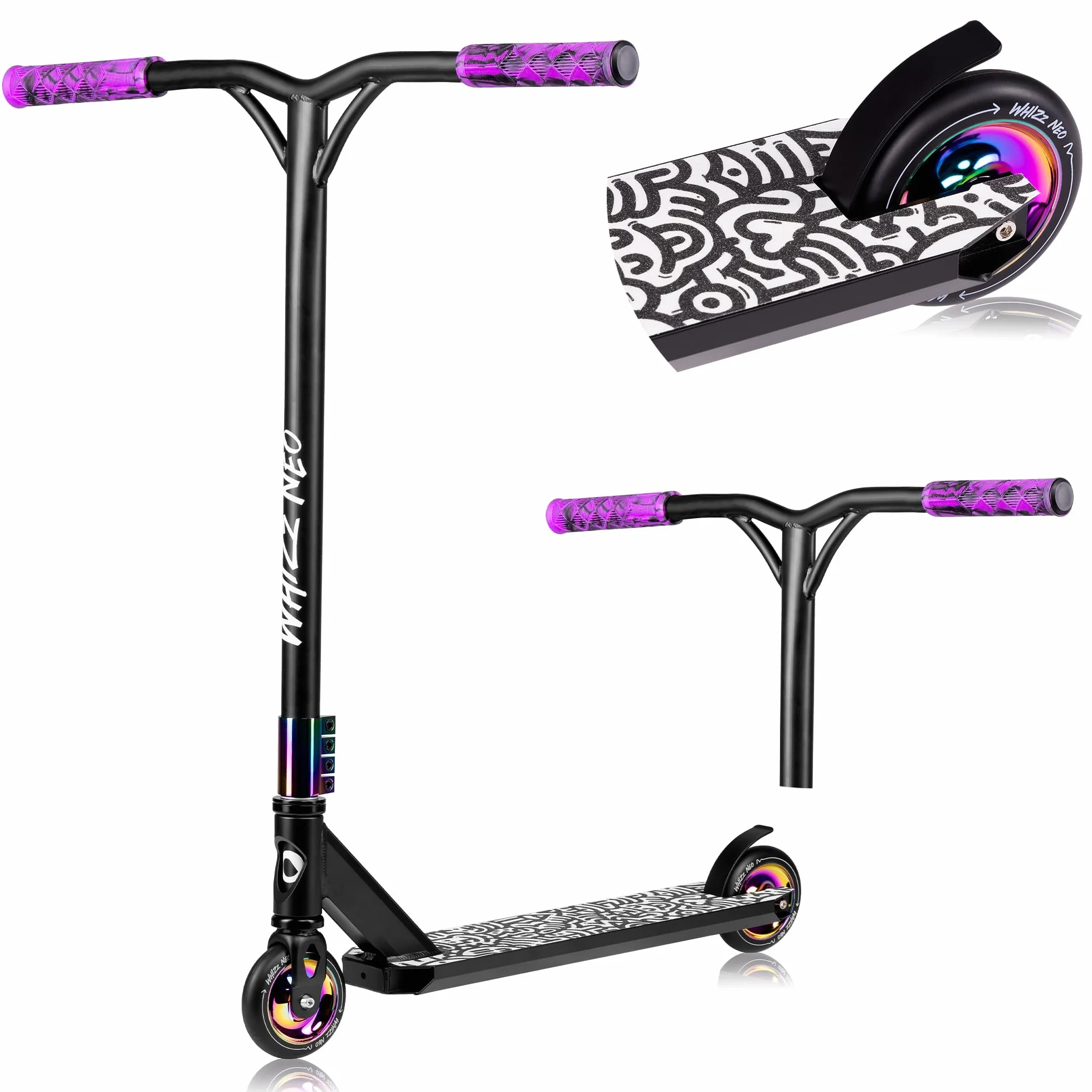 LIONELO Whizz Hoverboard Stunt Scooter Freestyle ABEC-9 Aluminium Deck HIC Compression 110mm Wheels T-Bar Handlebar Flex Fender Brake Steel Neon
