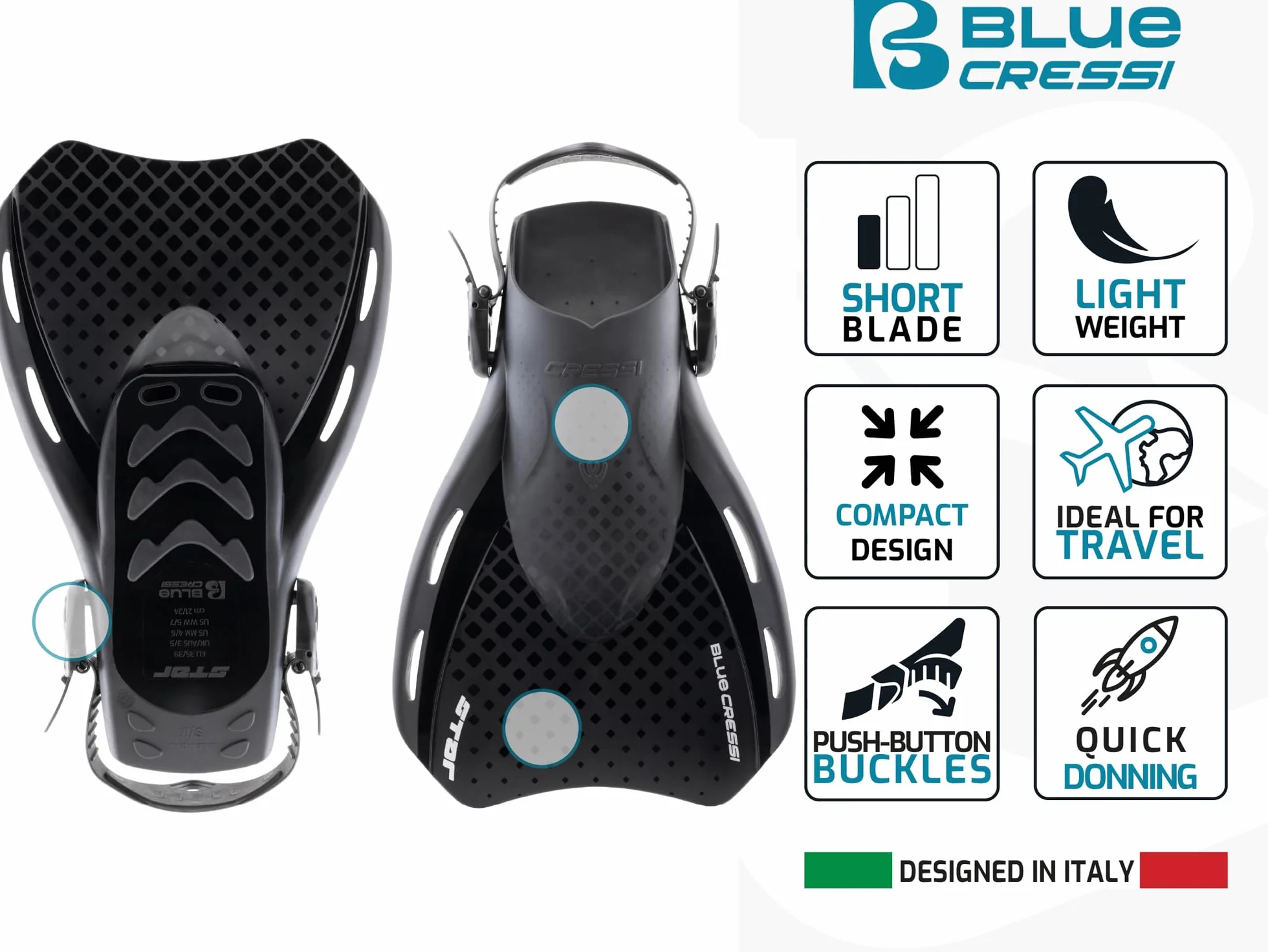 CRESSI Star Fins Pinne Compatte Regolabili Pala Ventilata Scarpetta Tallone Aperto Nuoto Snorkeling Viaggi Adulti