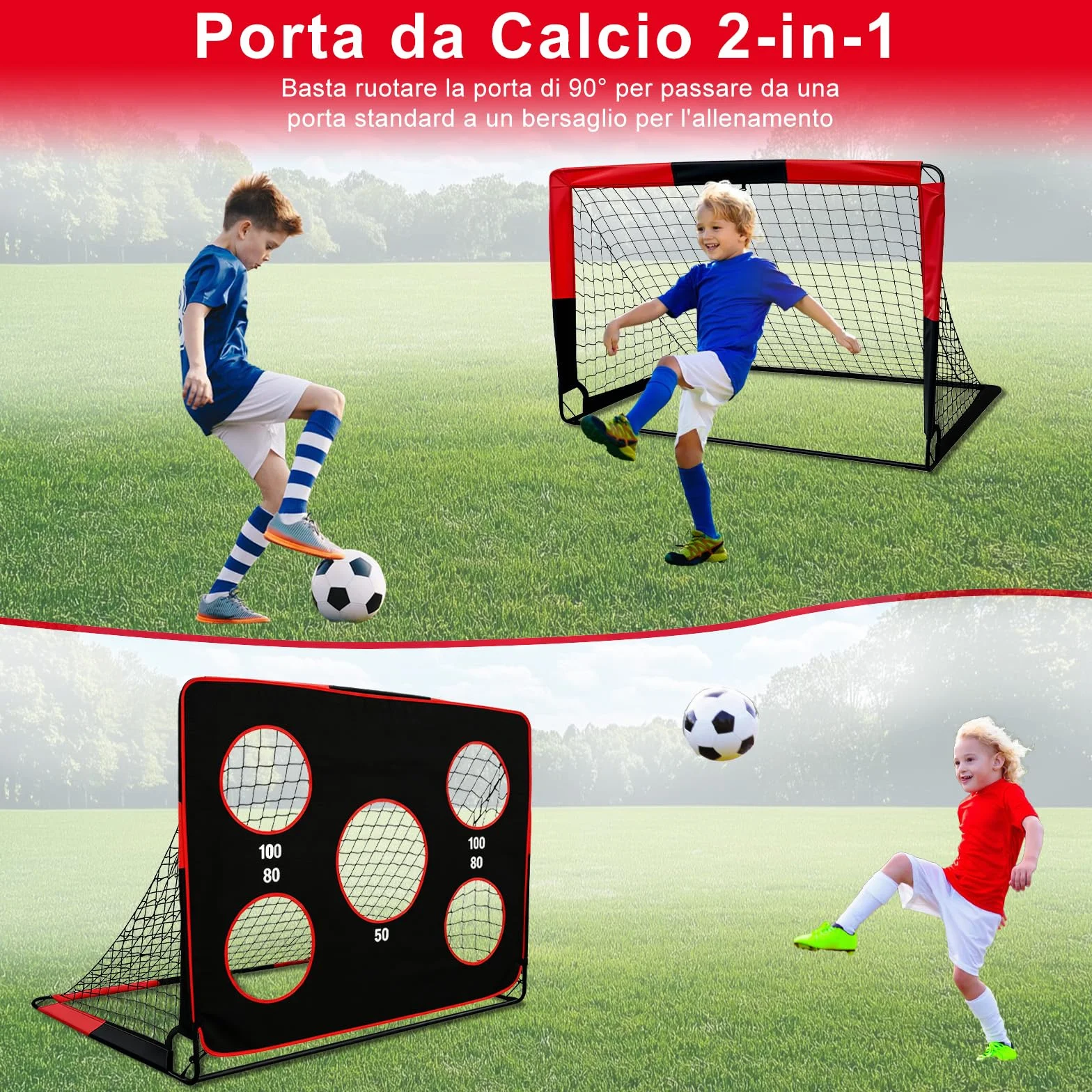Porta da calcio pieghevole 2 in 1 per bambini con borsa trasporto