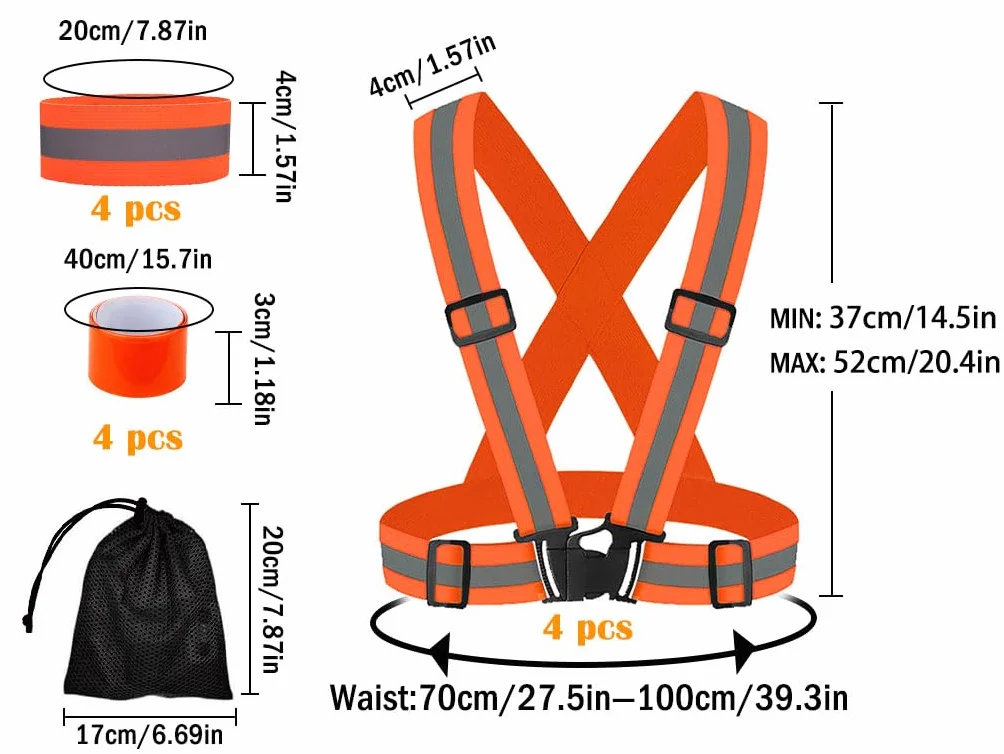 Gilet Catarifrangente ad Alta Visibilità 4 Pezzi con Braccialetti Riflettenti e Borsa, per Corsa Ciclismo