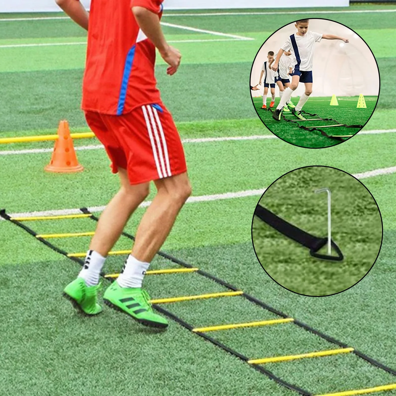 Aisny Accessori per L'Allenamento del Calcio, Scala di Coordinazione 6m, 12 Coni, 4 Ostacoli, Corda per Saltare, Elastici di Resistenza