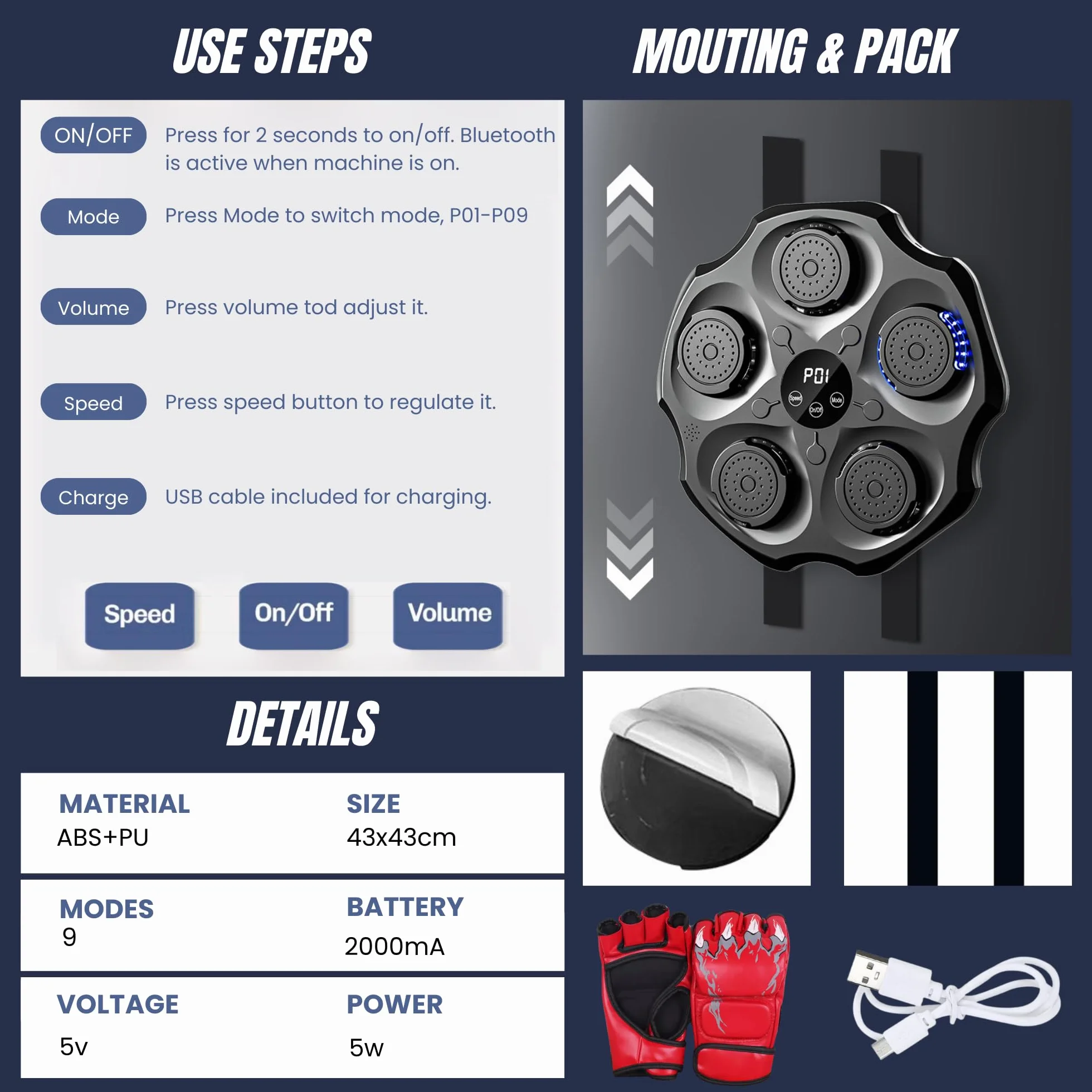 Macchina da Boxe Musicale, Attrezzatura da Allenamento per Boxe a Parete In PU con Guantoni da Boxe, Pad da Boxe a LED, Bluetooth, Luci al Ritmo Della Musica. (2 mode, 43x43x5 cm)