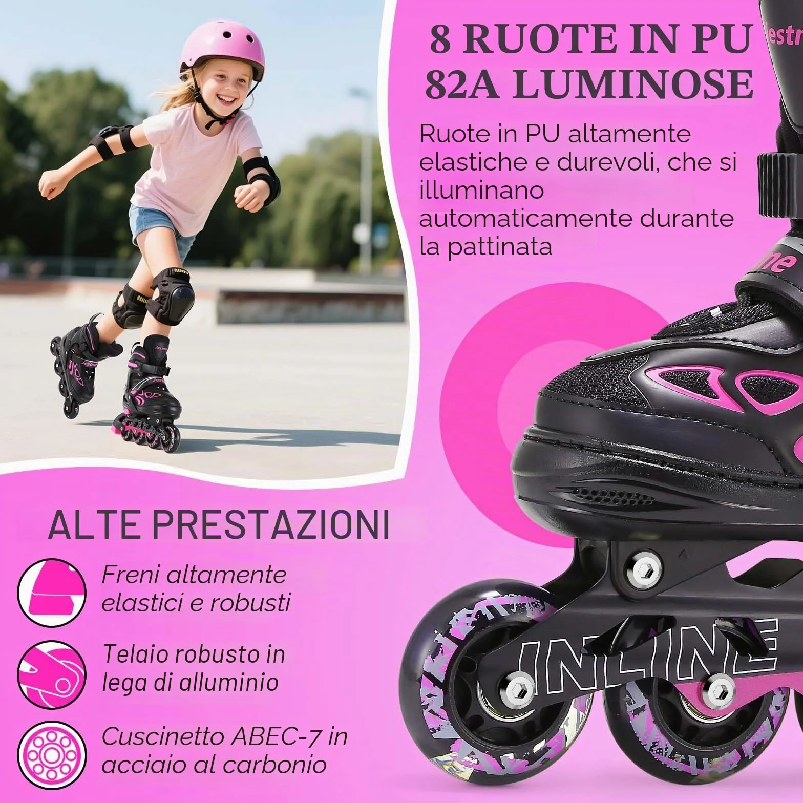 Pattini in Linea Bambina, pattini a rotelle regolabili per bambini ragazzi ragazze con ruote di illuminazione, pattini regolabili per principianti bambini