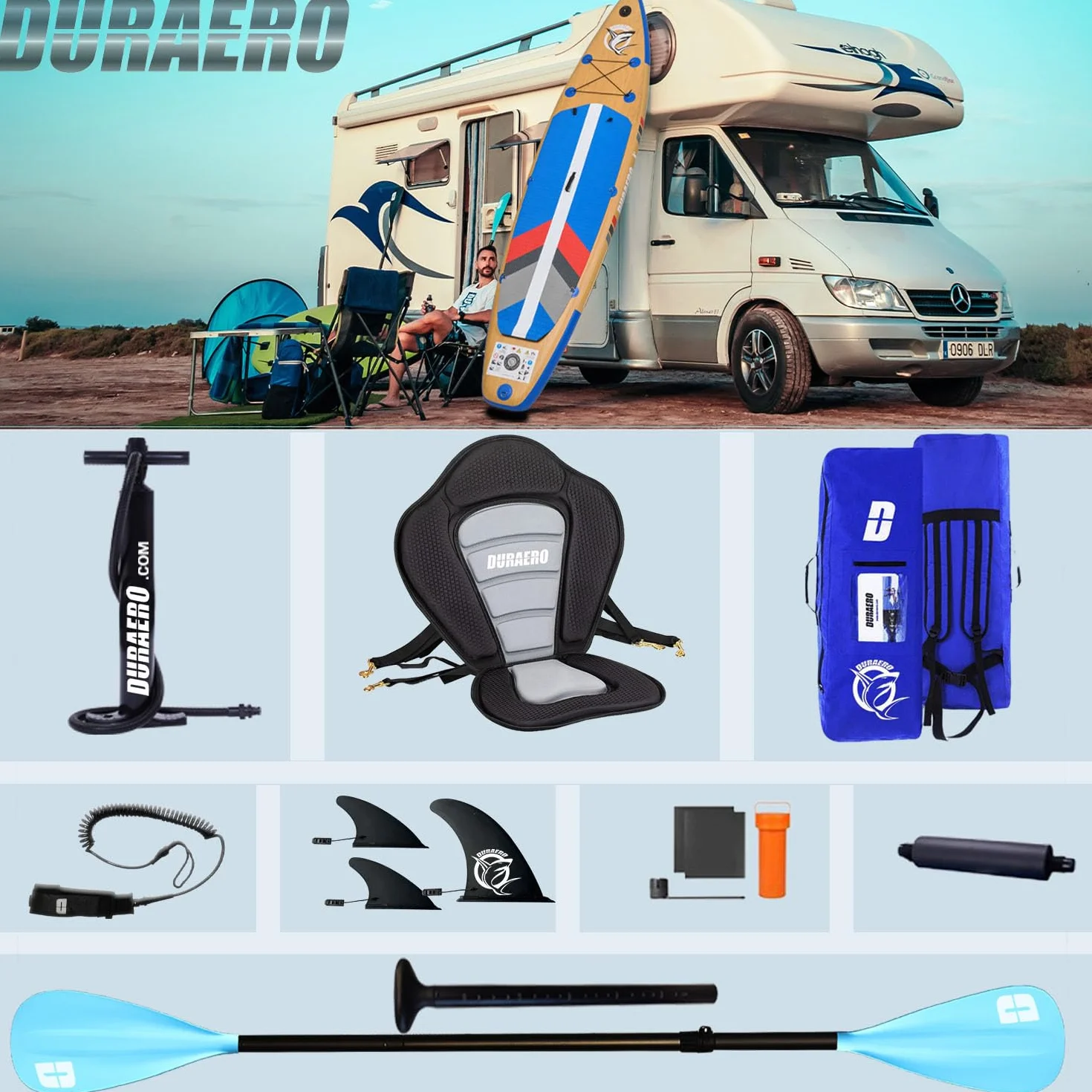 DURAERO Tavola SUP gonfiabile XXL 330cm, stand up paddle con sedile kayak e poggiapiedi, pagaia doppia, supporto fotocamera, accessori completi, portata 150 kg, effetto legno