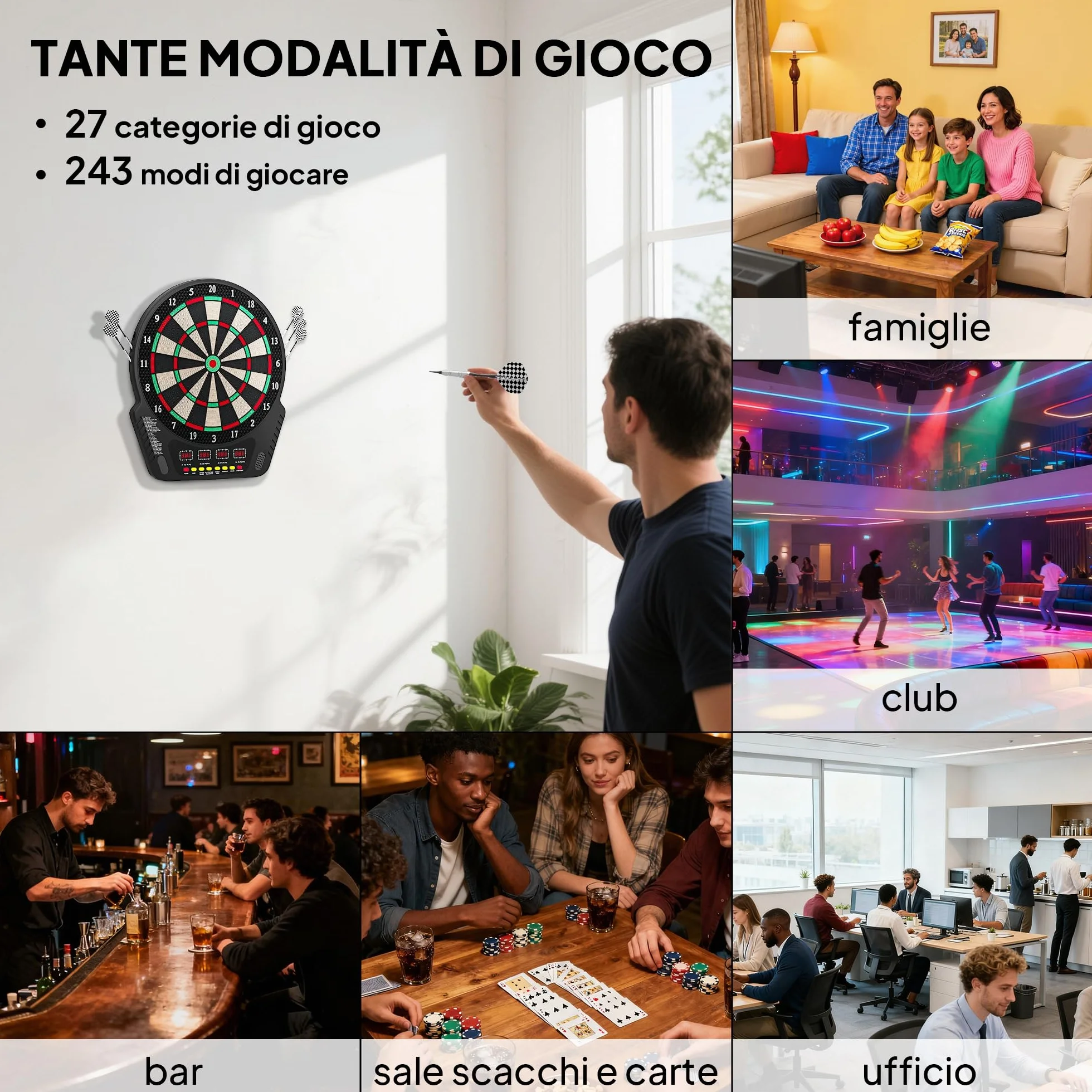 HOMCOM Tabellone Freccette Elettronico 243 Programmi 27 Giochi 6 Freccette 4 Display LED 44x51.5x3.2 cm Nero