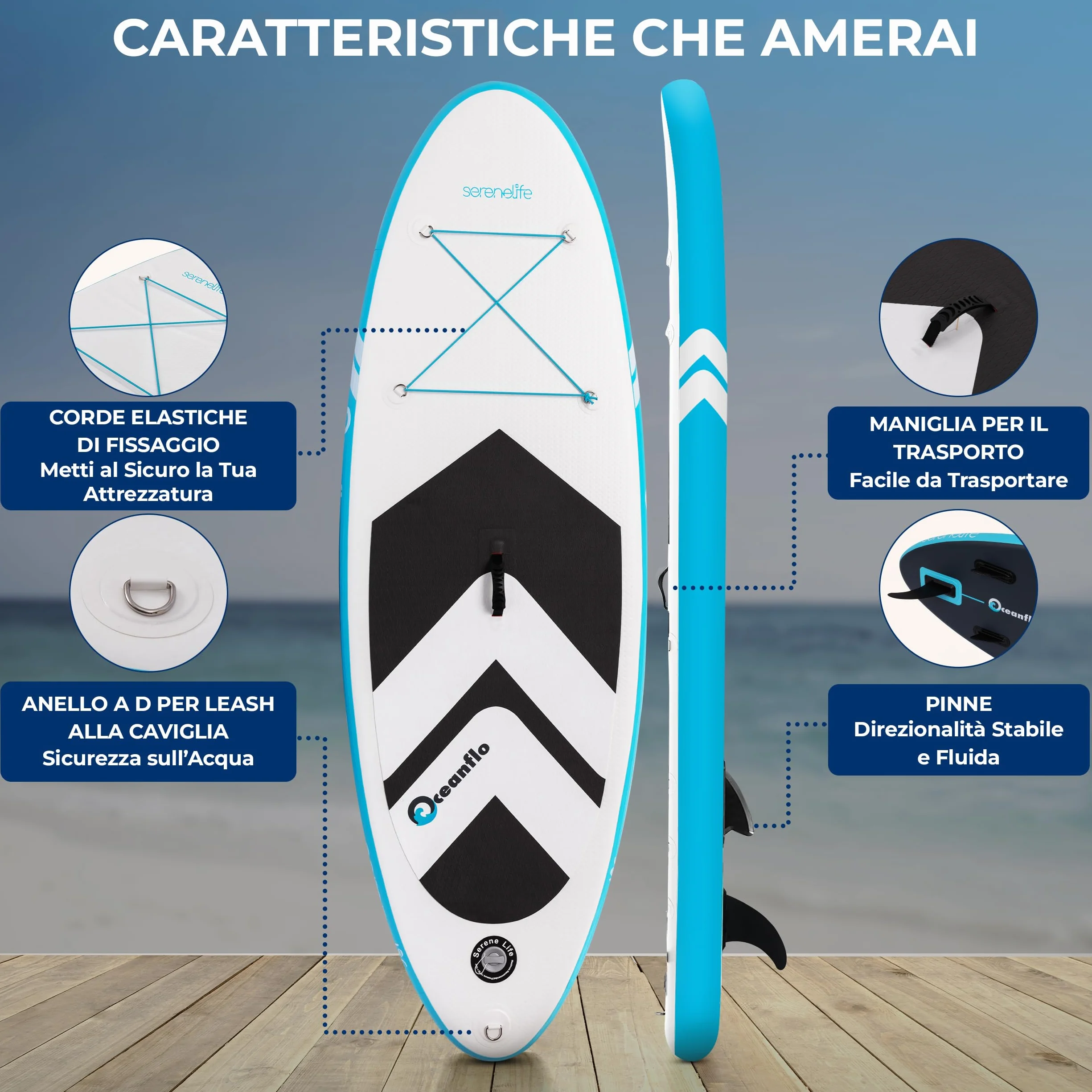 SereneLife SUP Gonfiabile 237 cm Tavola Larga 76 cm Stand Up Paddle Board Include Pagaia Regolabile Zaino 90 kg