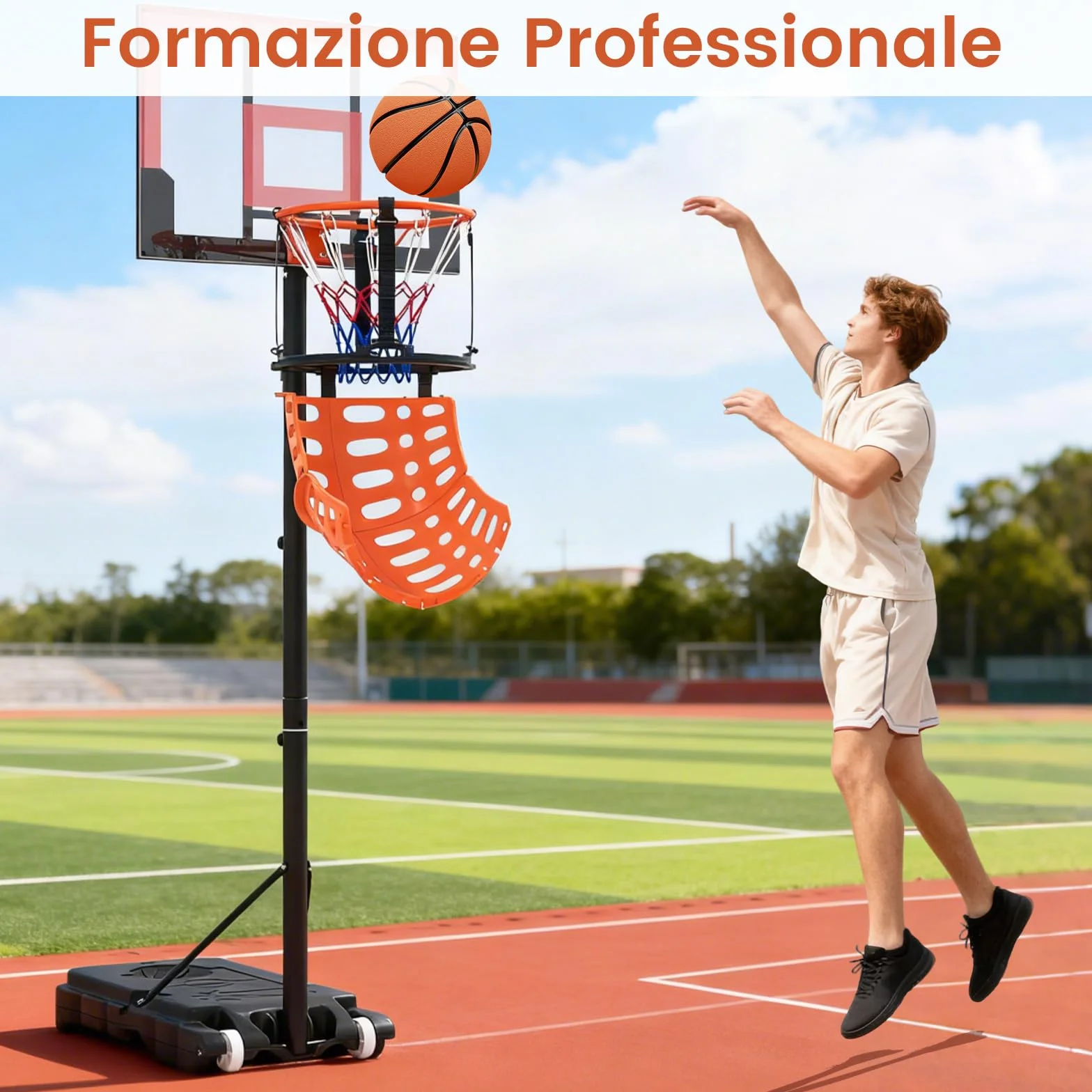 COSTWAY Sistema di Ritorno Palla Basket Rotante 360° 4 Ganci Smontabili Allenamento Tiro