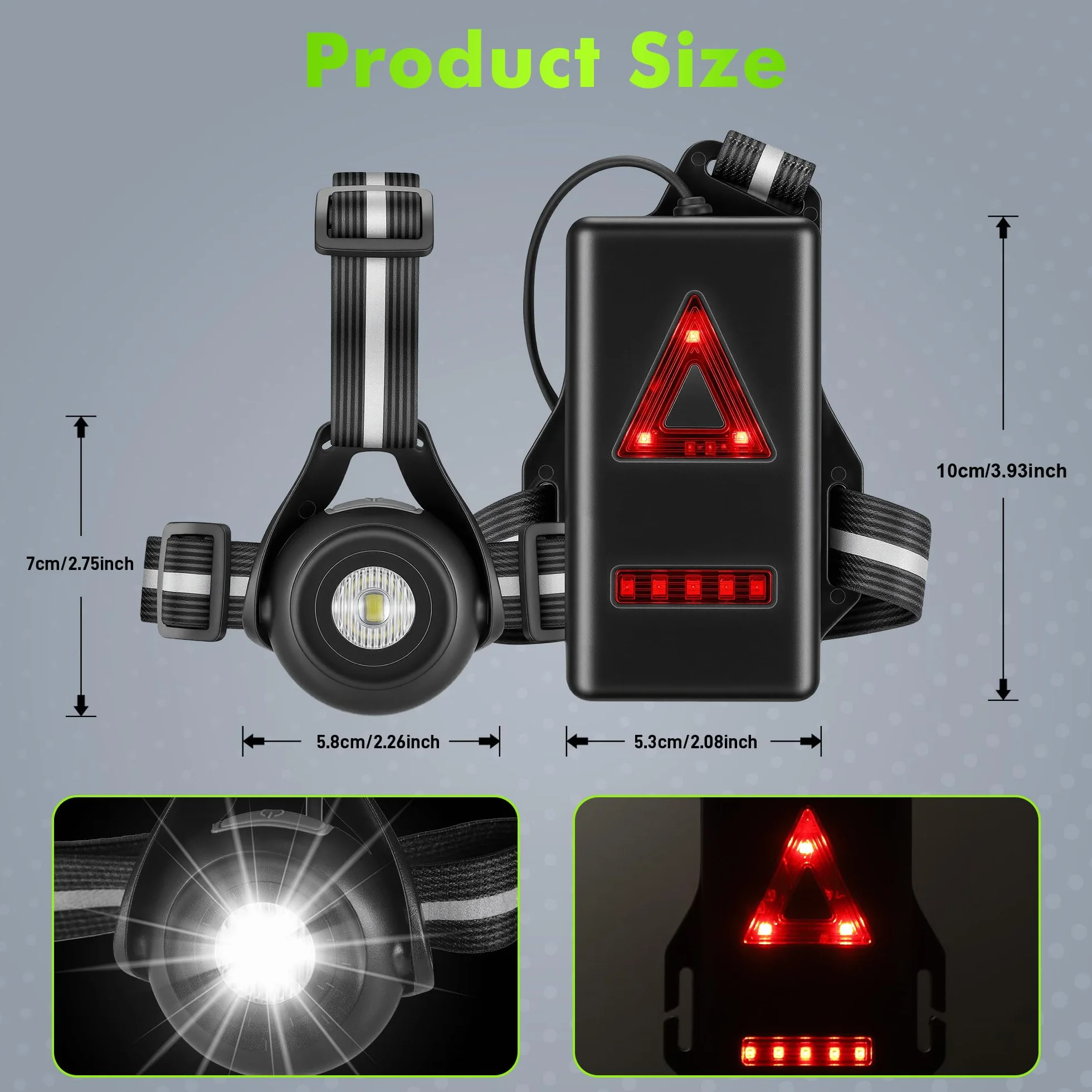 JIZZU Luce Ricaricabile USB per Corsa, 3 Modalità, Impermeabile, Ruotabile 90°
