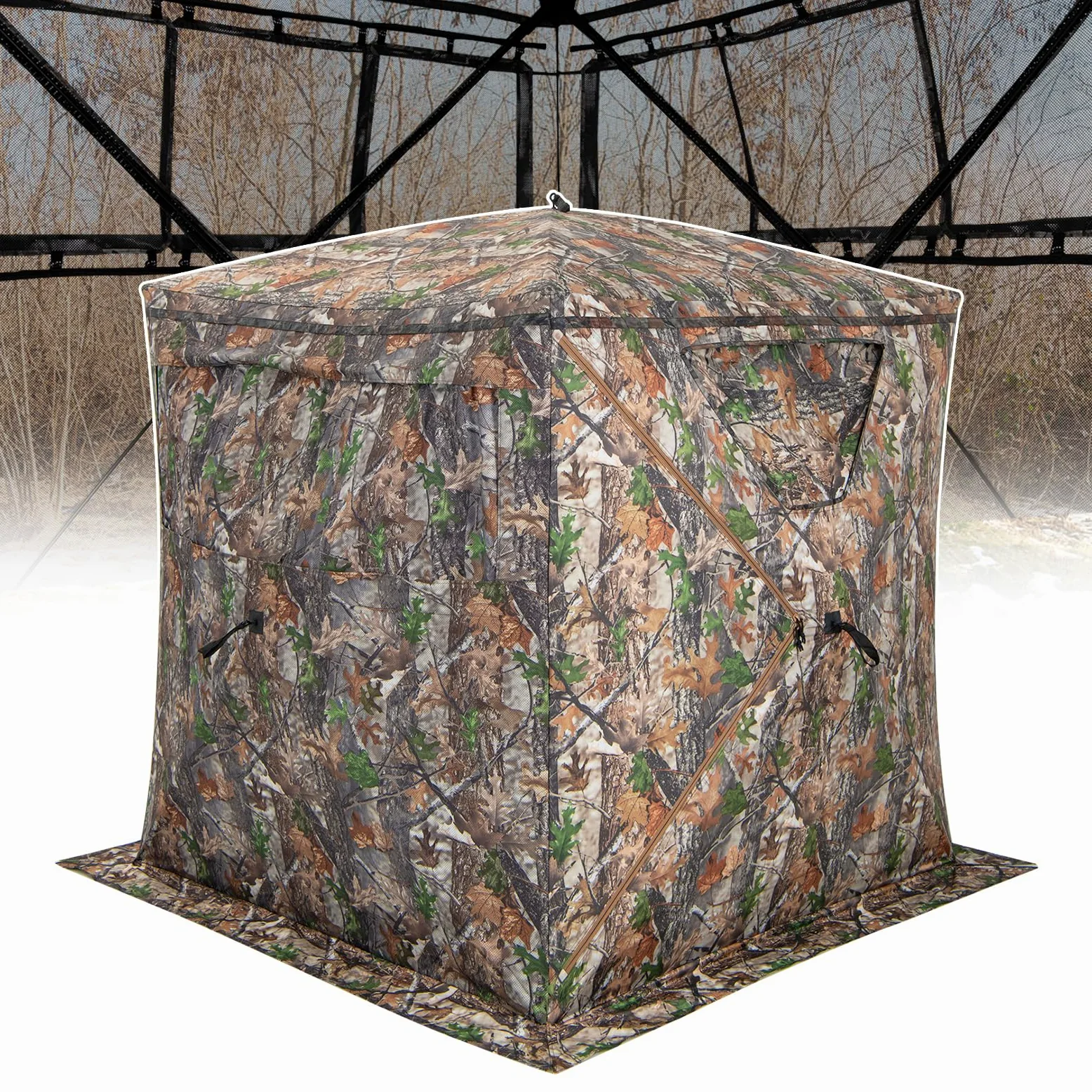 GYMAX Tenda da Caccia, Tenda Portatile e Pieghevole per 2-3 Persone con Vista a 270 Gradi, 8 Robusti Picchetti per Terreni, 4 Corde di Ancoraggio, Sacca Portaoggetti, 147 x 147 x 168 cm