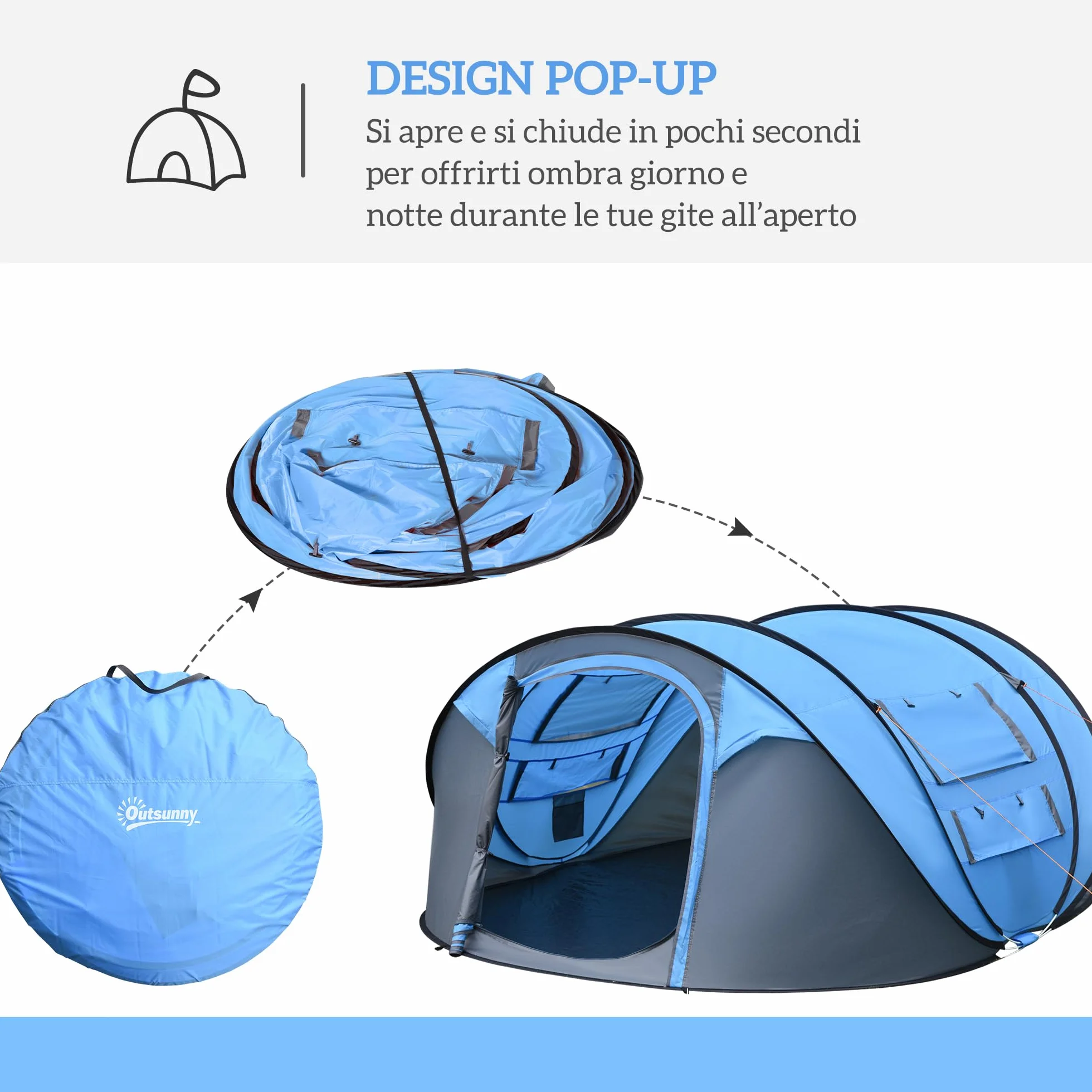 Outsunny Tenda da Campeggio Pop Up 4 Persone 2000mm Anti UV 20+ 263.5x220x123 cm Blu