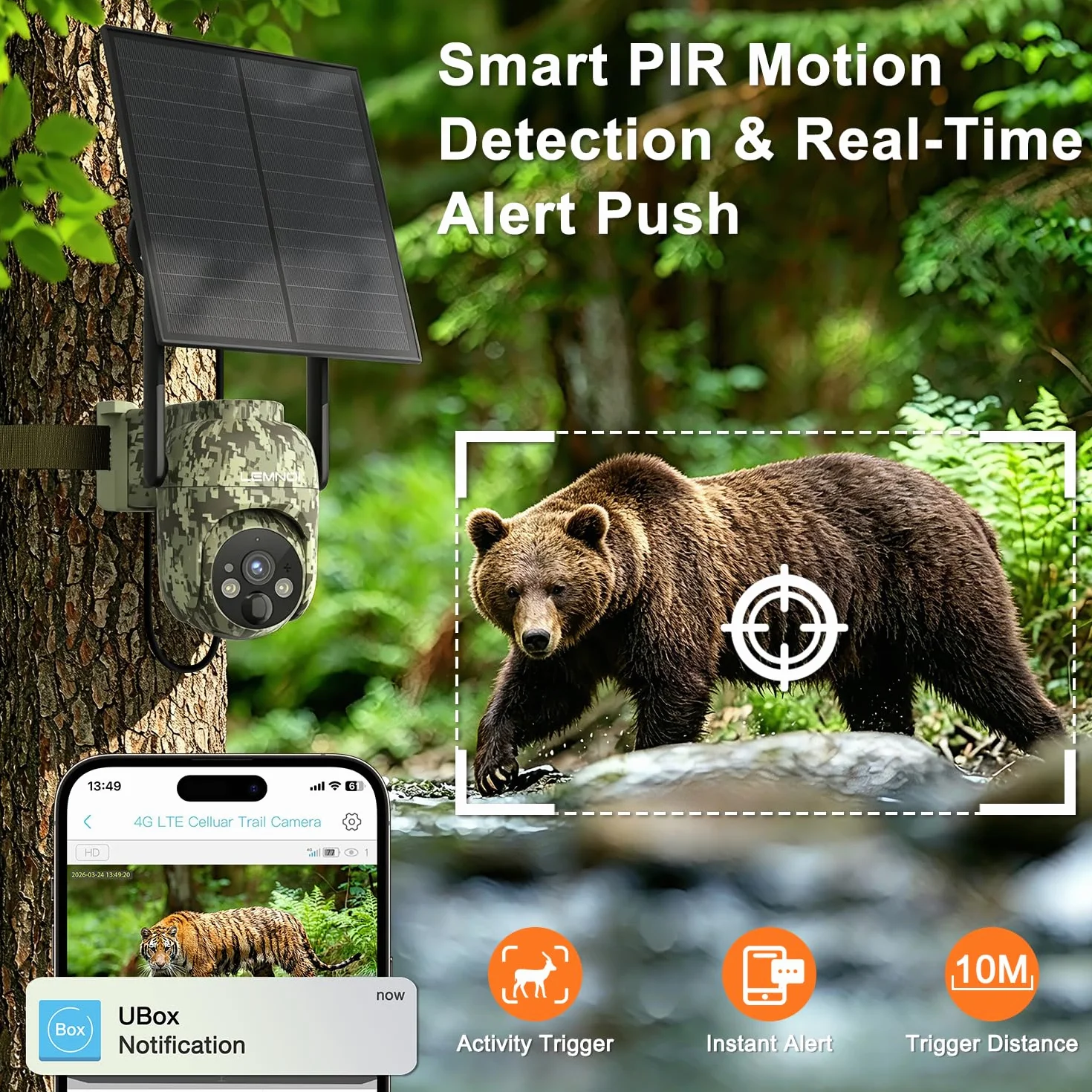 LEMNOI Fototrappola 4G con SIM Inclusa, 2K Fotocamera da Caccia, Telecamera Solare PTZ, Visione Notturna a Colori, IP66 Impermeabile