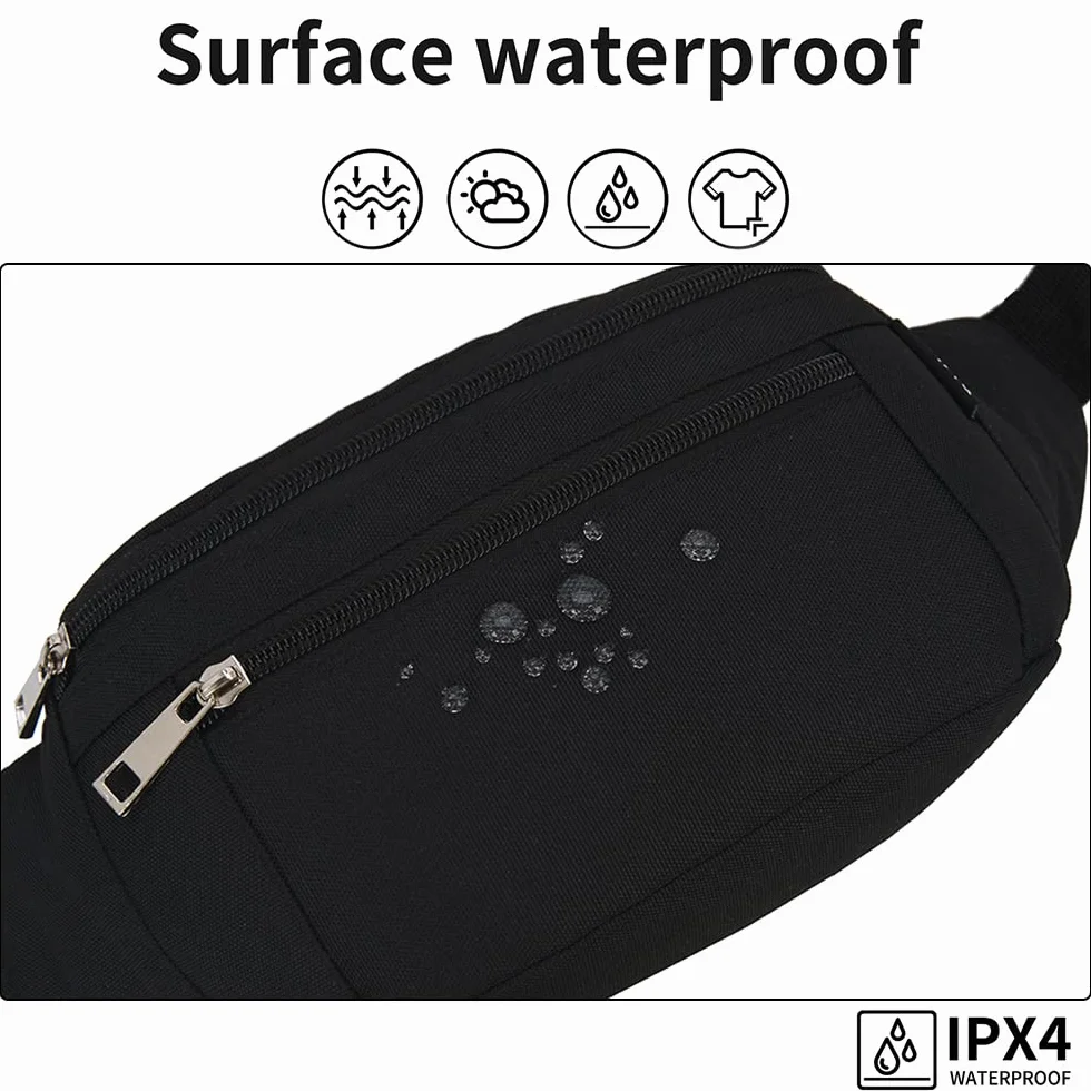 Marsupio Sportivo Uomo Donna Grande 4 Zip Tasche Cintura Regolabile Fibbia Sgancio Rapido Waist Bag Nylon Impermeabile Ciclismo Running Escursionismo Campeggio (Nero)