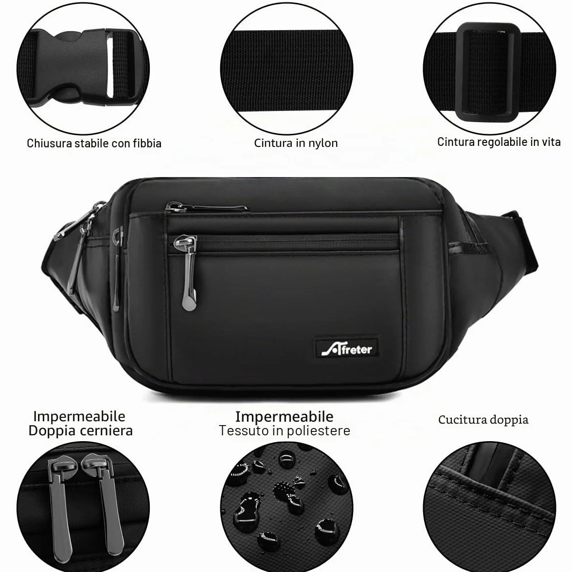 HNOOM Marsupio Impermeabile Uomo Donna Sportivo Lavoro Grande Trekking con Cintura Regolabile 5 Tasche (Nero)