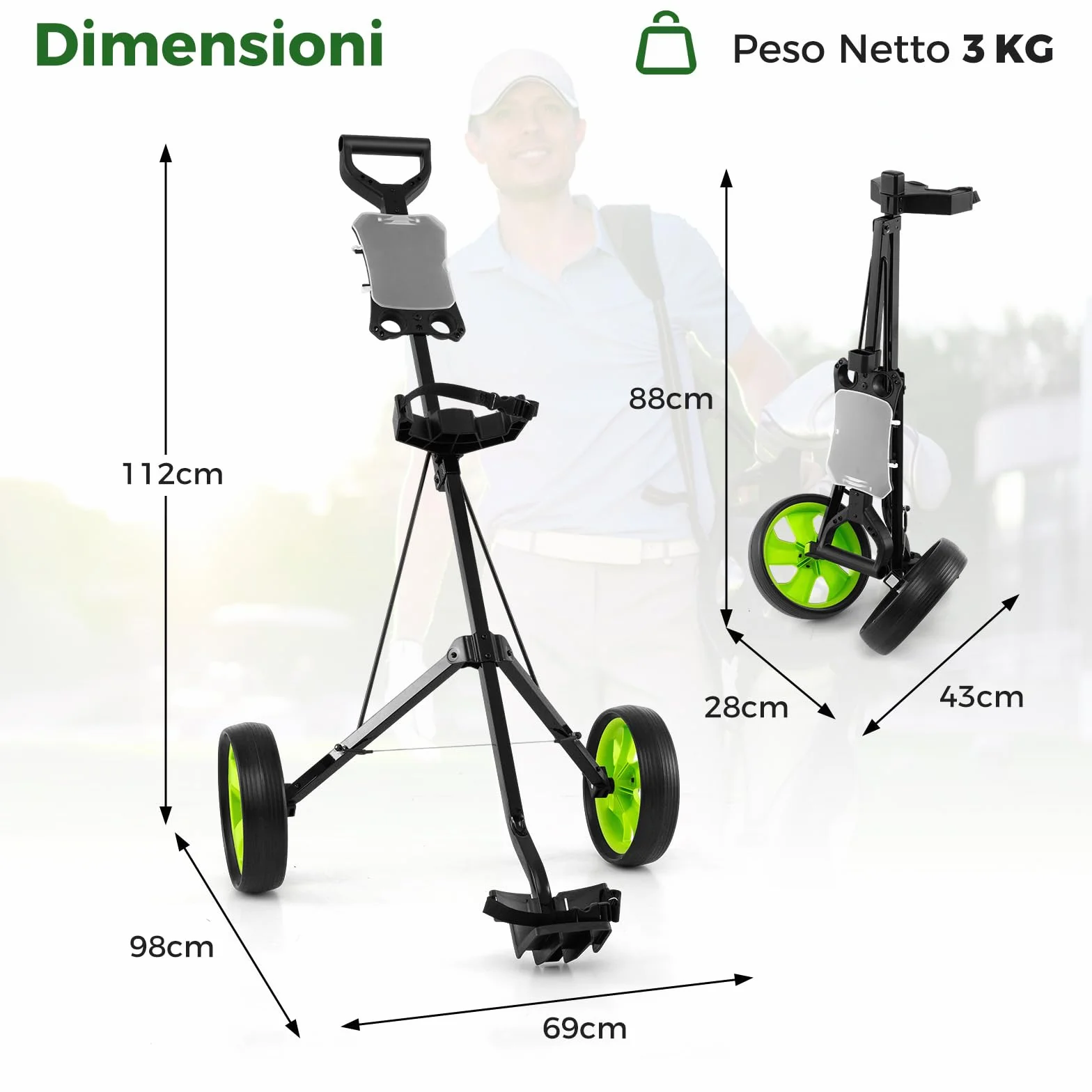 COSTWAY Carrello da Golf Pieghevole con 2 Ruote, Ferro con Tabellone Segnapunti