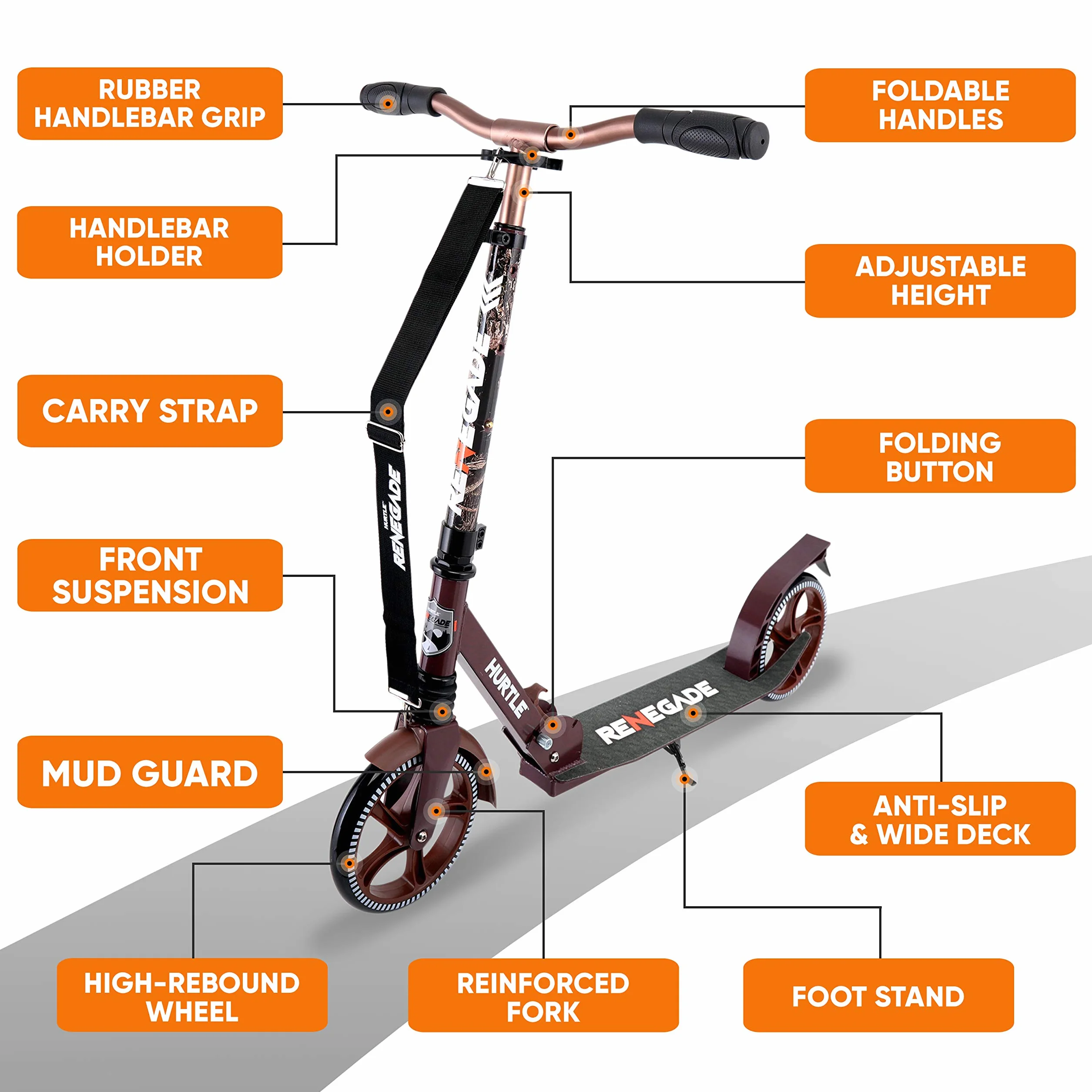Hurtle Renegade Monopattino a 2 Ruote Pieghevole con Manubrio Regolabile