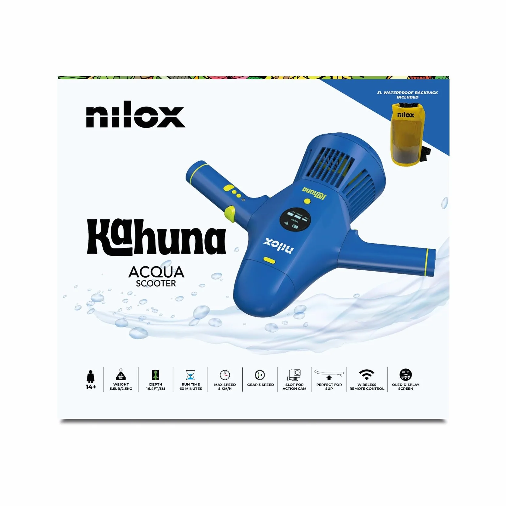 Nilox Waterscooter Elettrico per SUP Immersioni 5 m Profondità 60 min 2 Velocità 5 km/h Blu