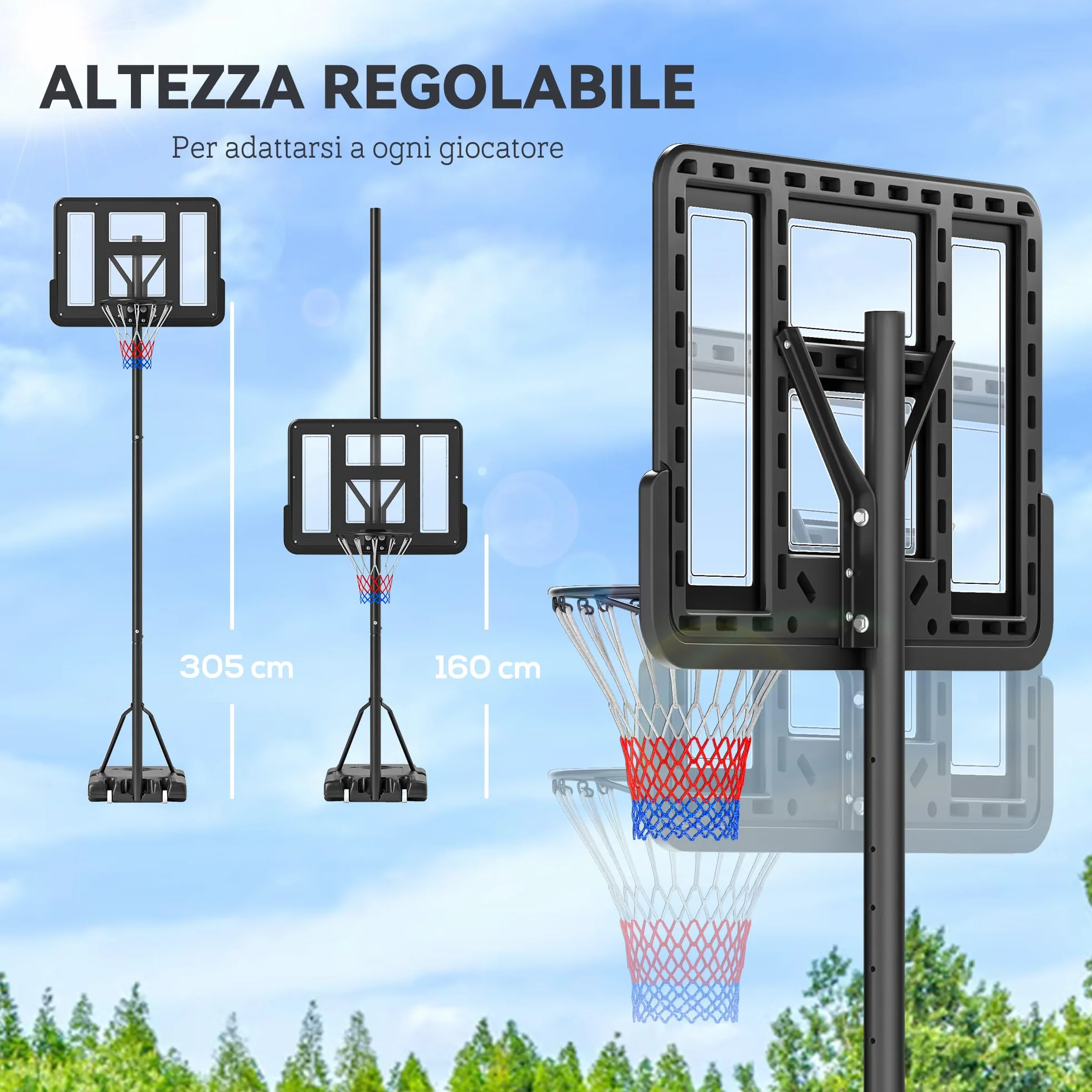 HOMCOM Canestro Basket Altezza Regolabile 160-305cm, Base con Ruote, Tabellone in PVC Trasparente