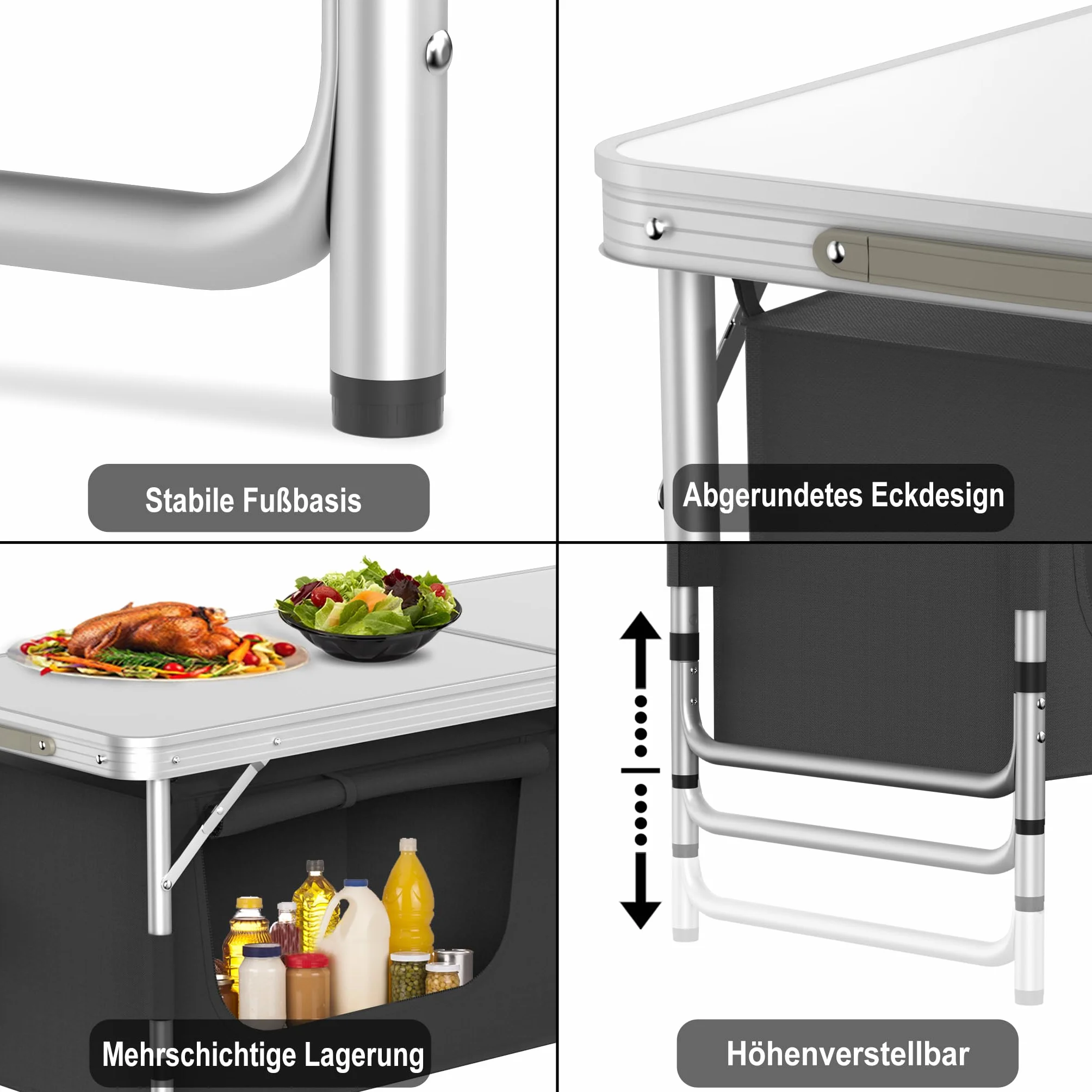 Cucina da campeggio in alluminio leggero pieghevole 120x47x62 cm con piano di lavoro e borsa trasporto