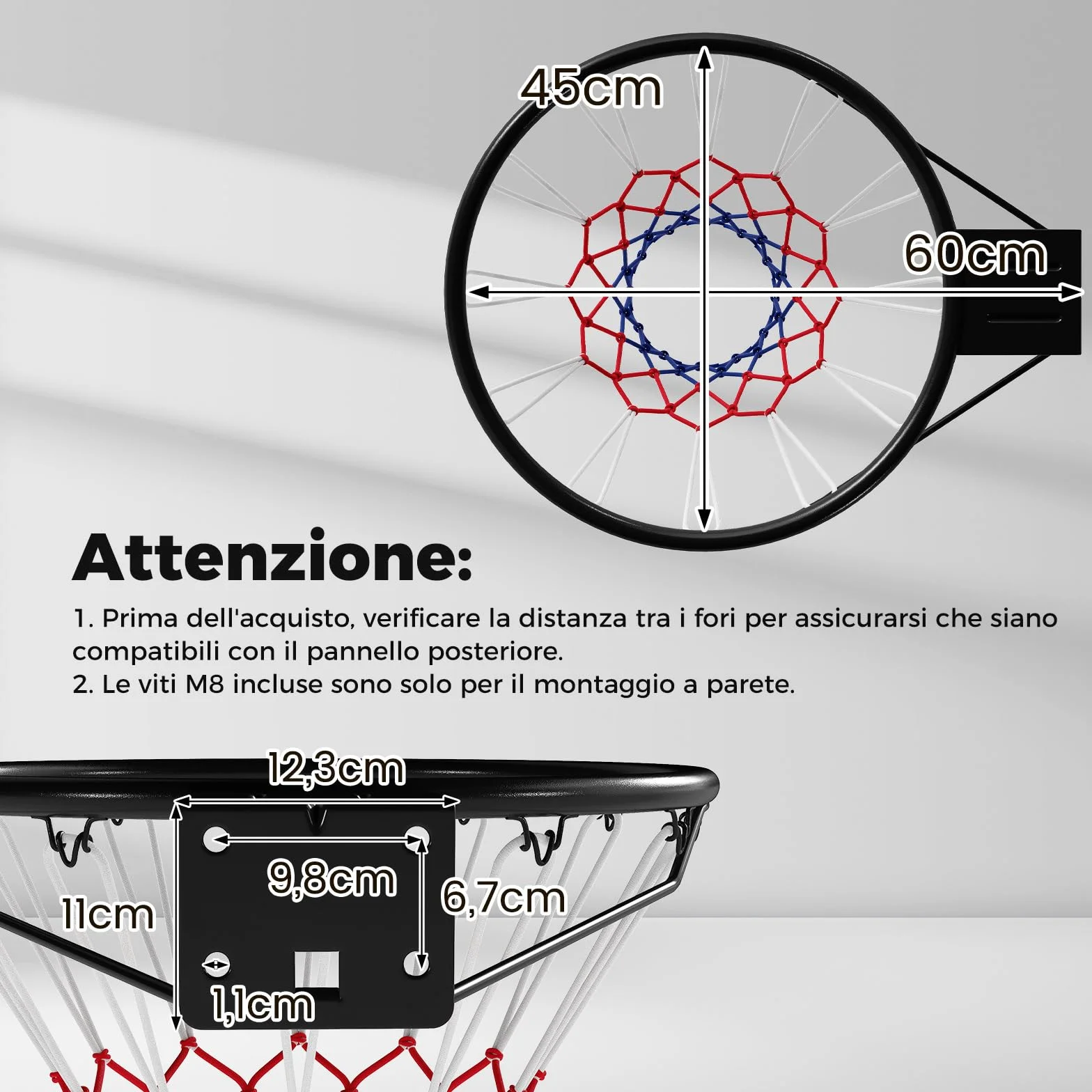 COSTWAY Canestro da Basket da Parete 45 cm, Anello da Pallacanestro con Doppie Molle, Cerchio Universale Esterno Interno