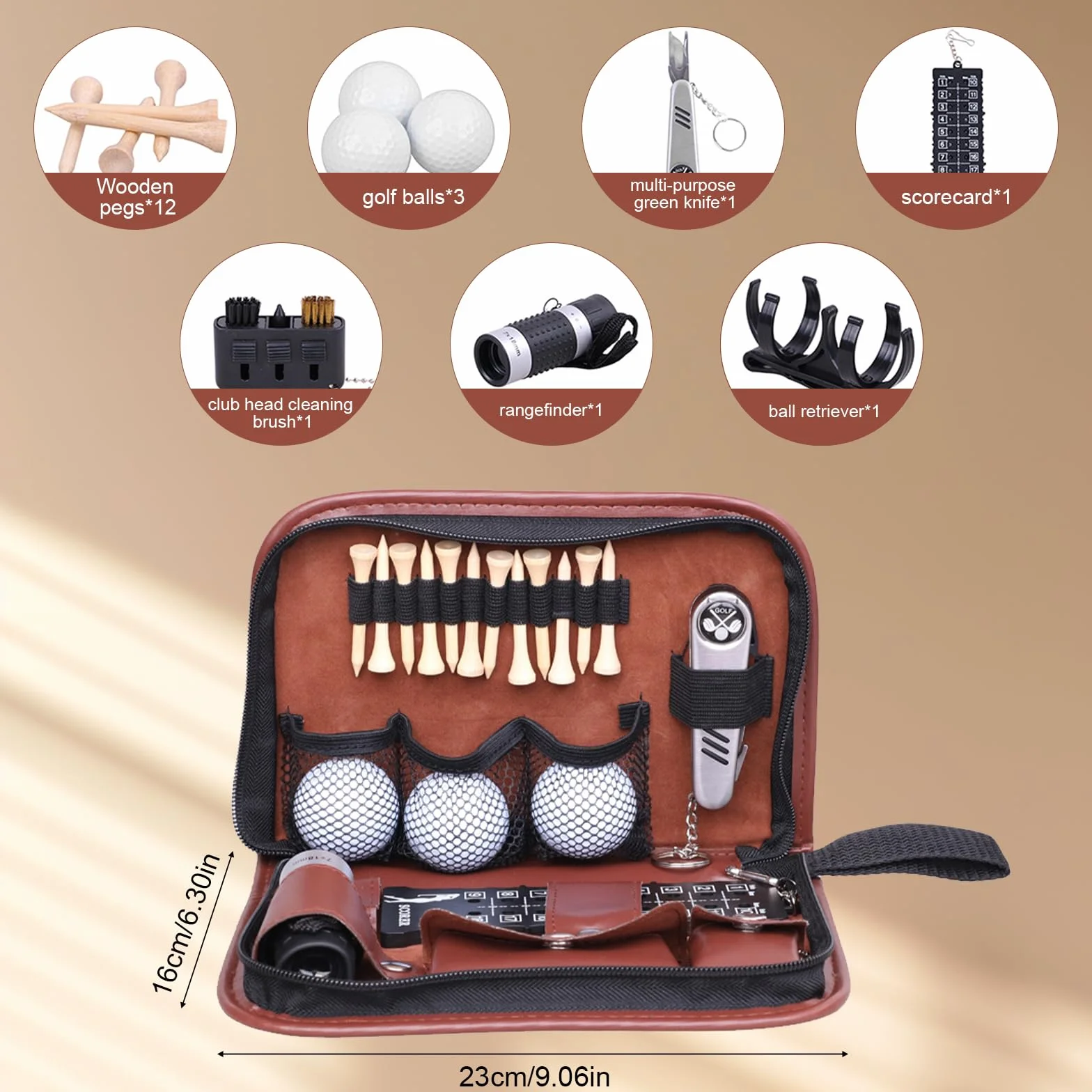 Kit Accessori da Golf Uomo Donna, Borsa Multifunzionale 7 in 1 con Tasca in PU per Golfista