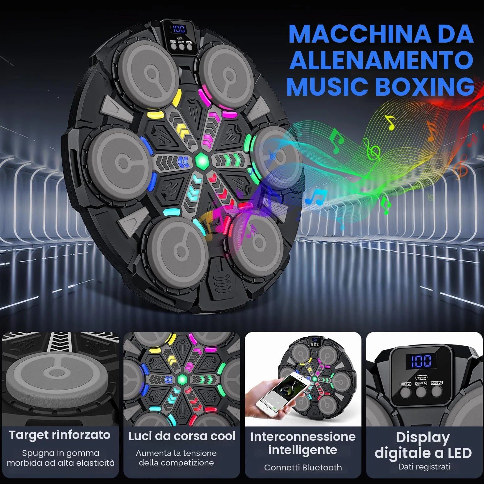 Macchina da Boxe Musicale, Nuovo Music Boxing Machine a Parete con Guanti, Connessione Bluetooth, Luci LED, Regolazione a 5 Velocità, Molteplici Modalità di Allenamento, Conteggio Automatico (A)