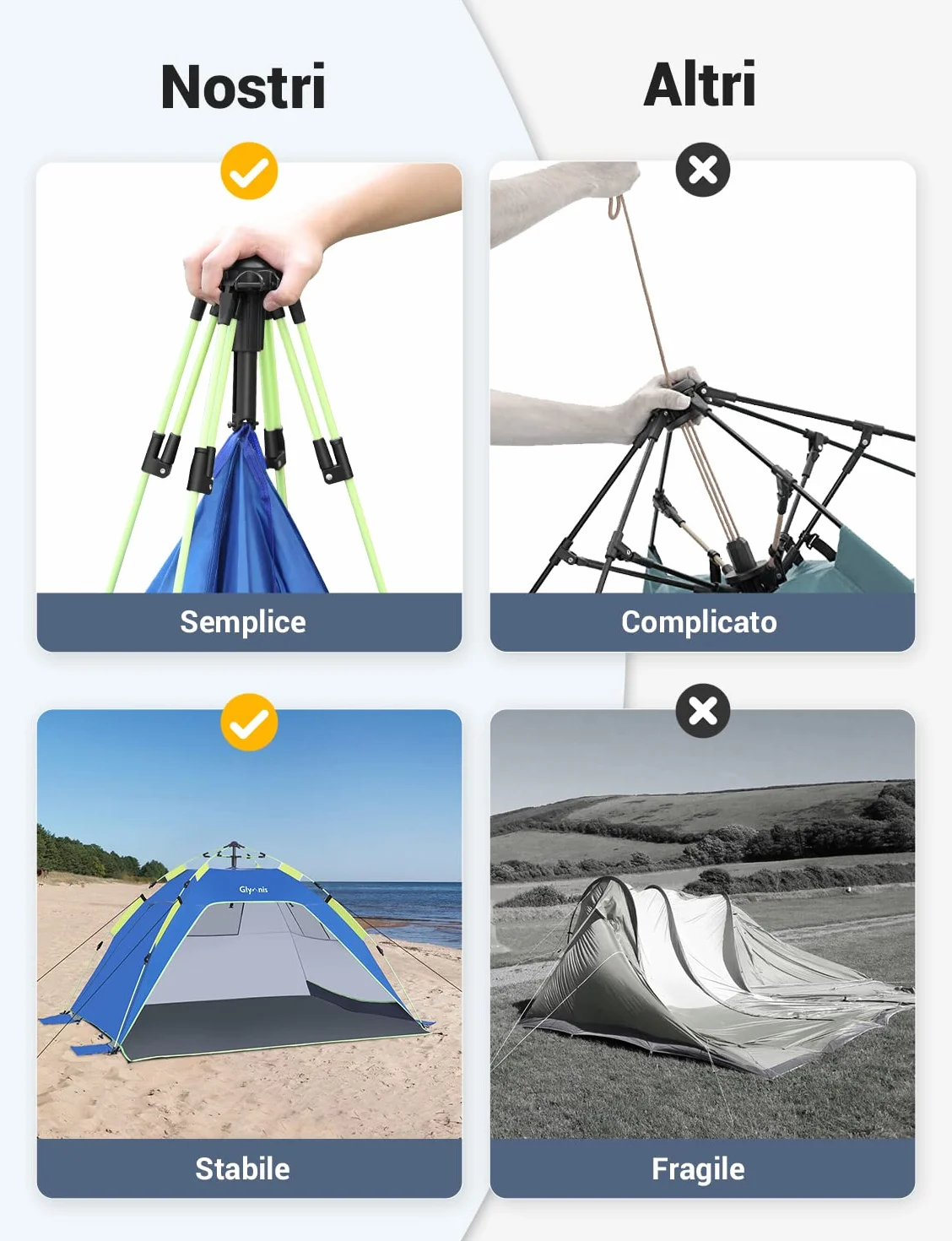 Tenda da Spiaggia Quick-up UPF 50+ 215x150x115cm 3-4 Persone con Finestre e Porte
