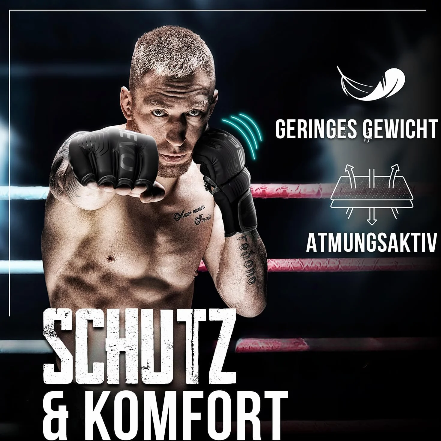 EVO Fitness Guanti MMA per Arti Marziali Grappling Sparring Muay Thai Taekwondo Boxe Karate Kickboxing Uomo Donna