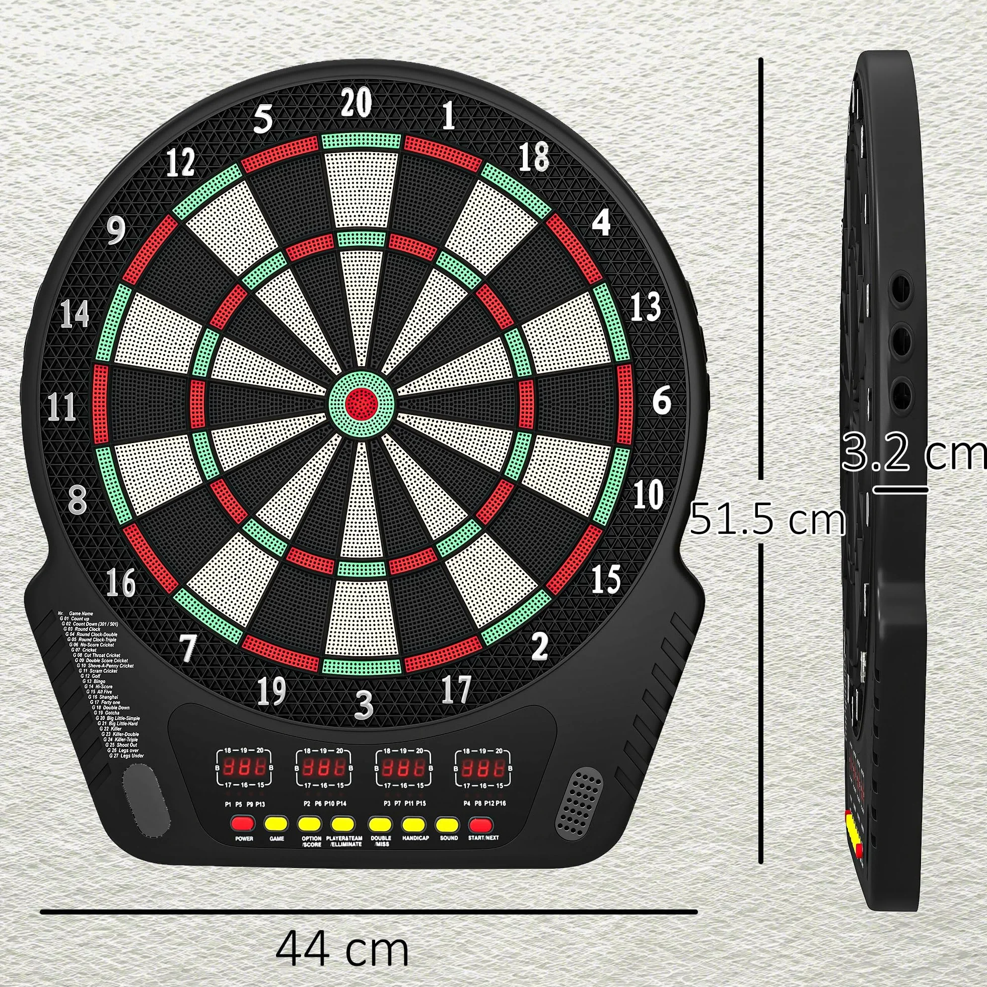 HOMCOM Tabellone Freccette Elettronico 243 Programmi 27 Giochi 6 Freccette 4 Display LED 44x51.5x3.2 cm Nero