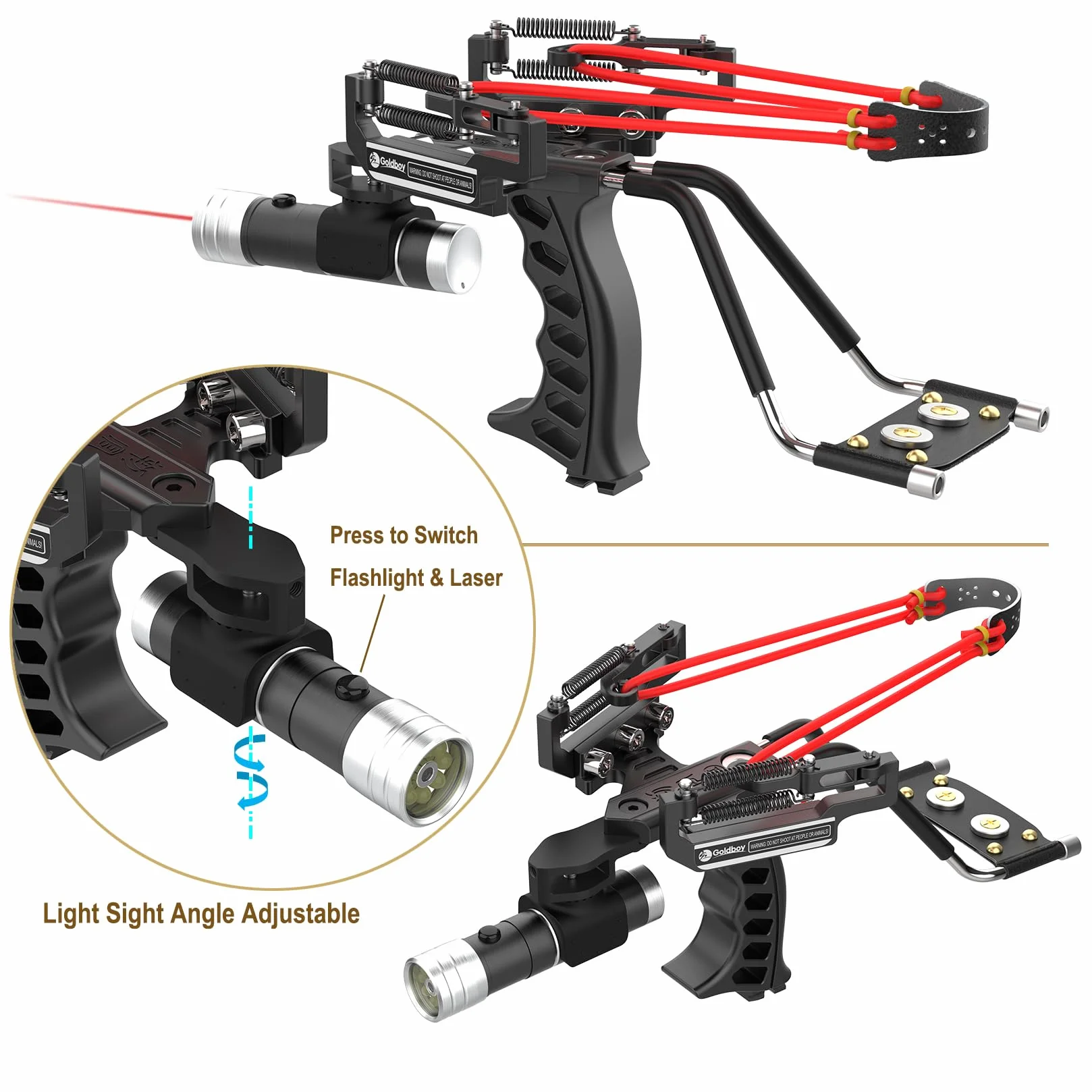 Goldboy Slingshot with Red Beam Sight, Wrist Rocket with Flashlight, Hunting Slingshot 4 Rubber Bands 220 Ammo Adults Black