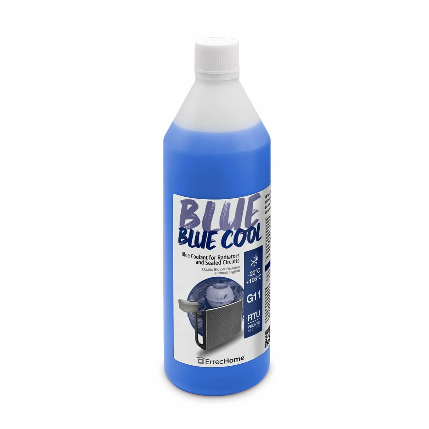 ErrecHome Blue Cool, Liquido Radiatore Blu -20°C/+106°C, antigelo G11 con pacchetto inibitore NAP FREE, Pronto all’uso, 1 Litro