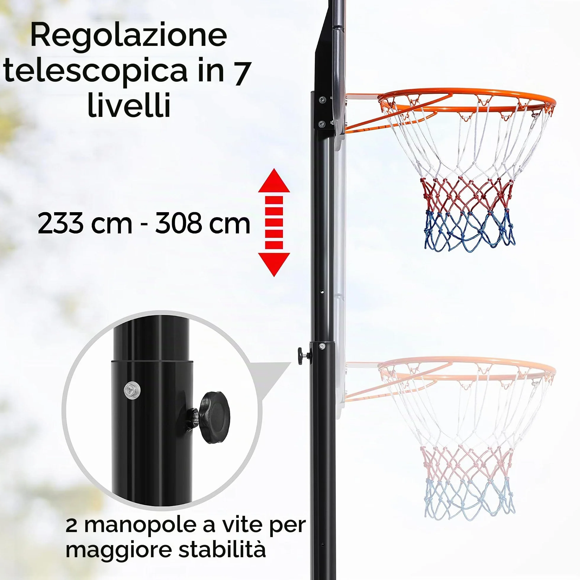 Yaheetech Canestro da Basket Regolabile 233-308 cm HDPE Metallo Interno Esterno Nero Arancione