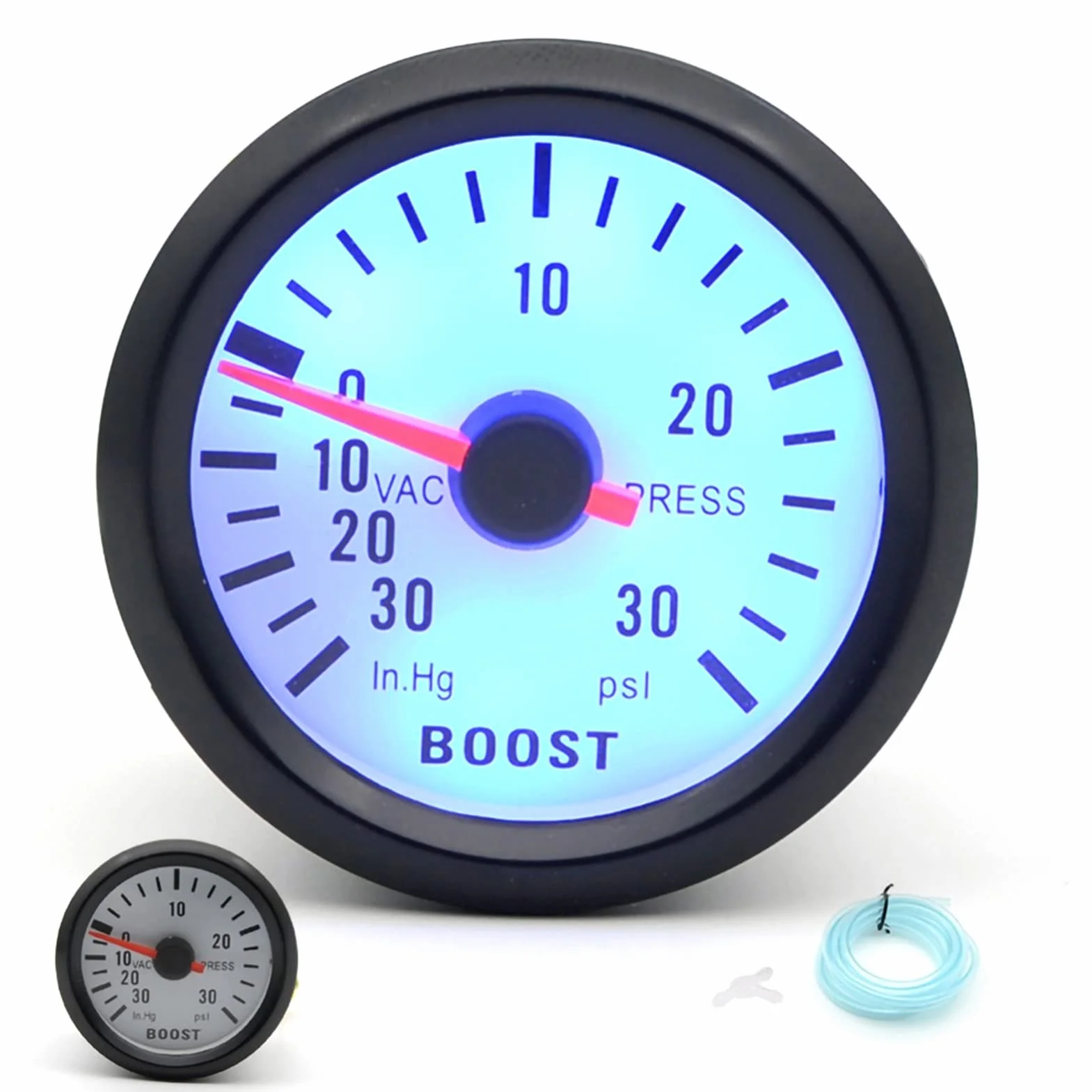 Boost Pointer Gauge Boost Meter Boost Cashot di Pressione 0-30PSI 12 V Puntatore Rosso Blu a LED Blu per Motori Automobilistiche Universali