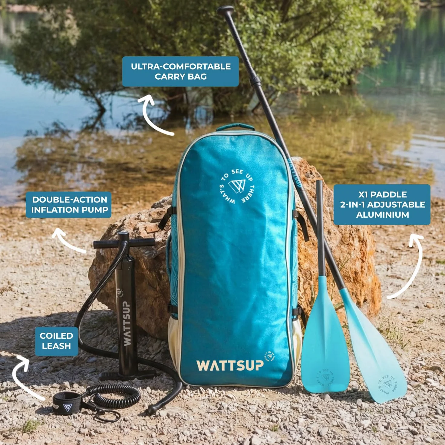 Wattsup - SUP Stand Up Paddle Gonfiabile MARLIN 12'5-378x89x15 cm, Dropstitch - Pacchetto completo: Remo 2in1, Leash, Pompa, Borsa di Trasporto - Fino a 185 kg - Blu