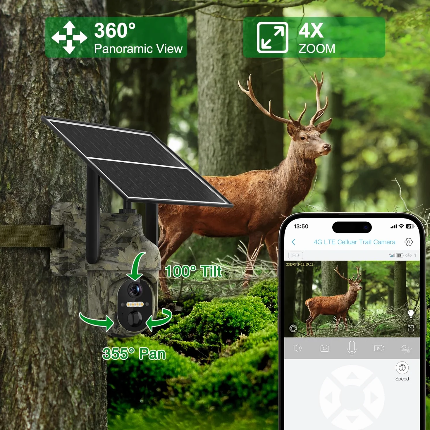 LEMNOI Fotocamera da Caccia 4G Fototrappola Solare 2K PTZ Esterna con Pannello Solare, Visione Notturna a Colori, Rilevamento PIR
