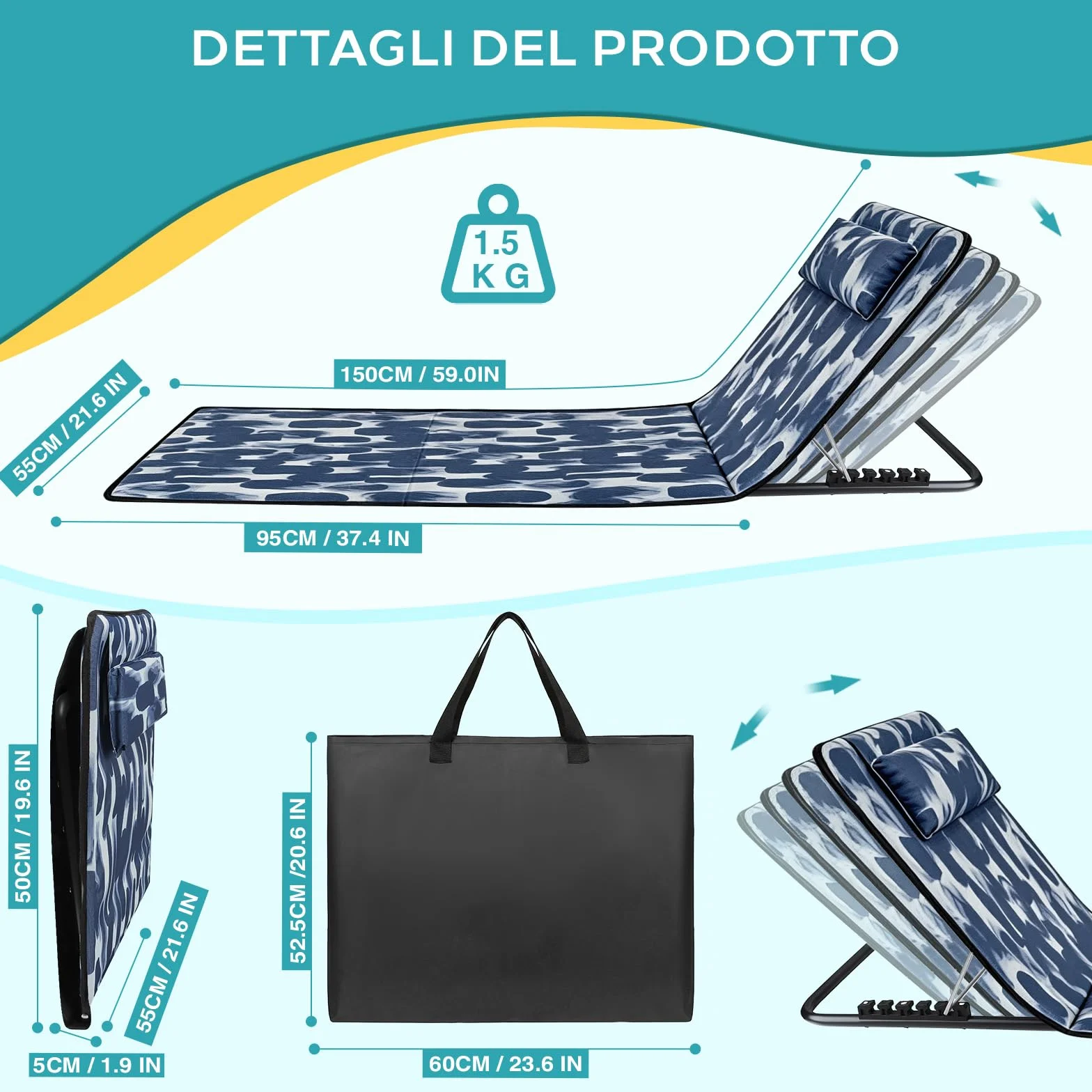 Lettino da Spiaggia Pieghevole con Poggiatesta, Schienale Reclinabile, Portata 150 kg, Tasca Portaoggetti (Blu)
