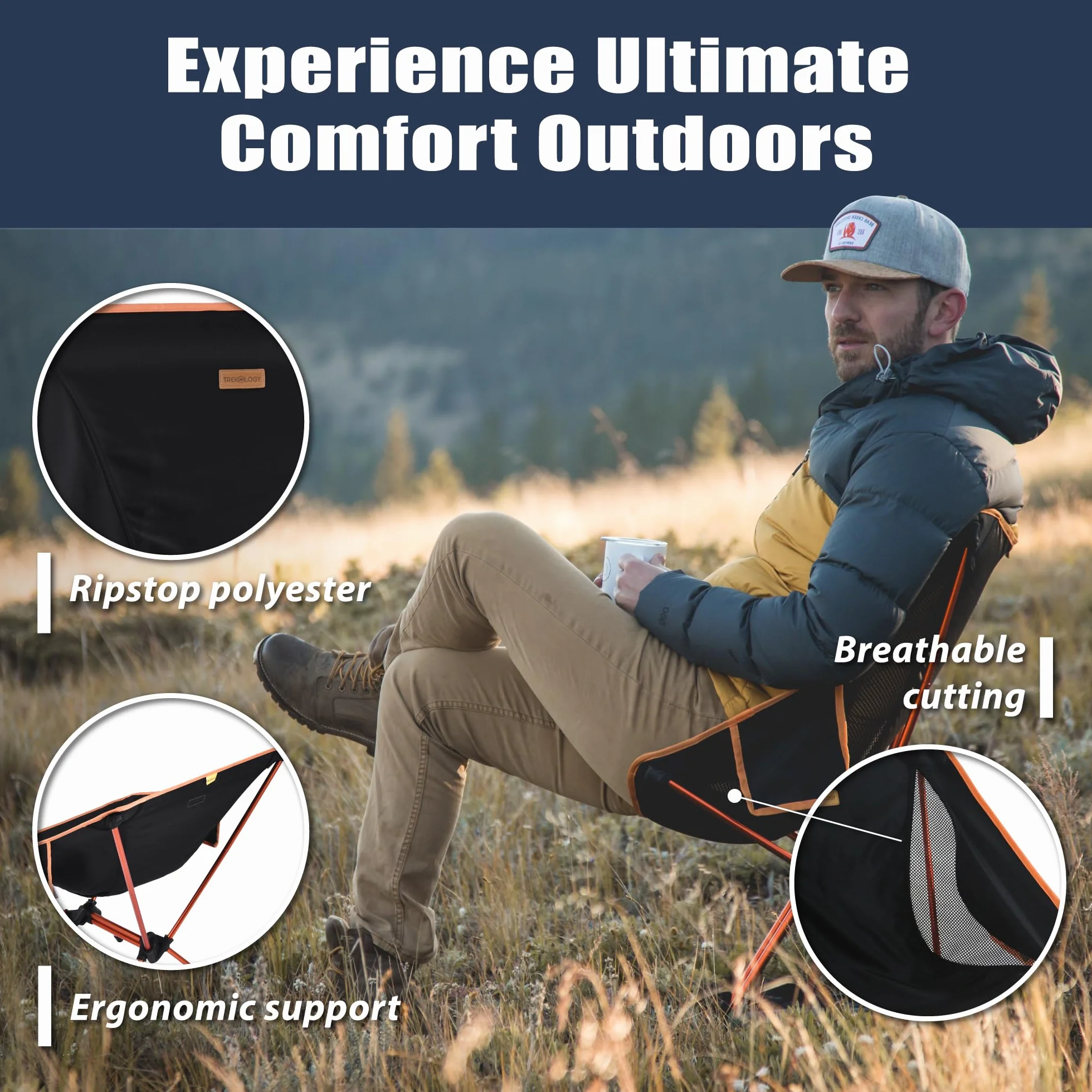 TREKOLOGY Sedia Pieghevole Portatile Ultraleggera (Meno di 1 kg) con Poggiapiedi Estraibile – Sedia da Campeggio Compatta 135kg per Trekking, Pesca, Spiaggia