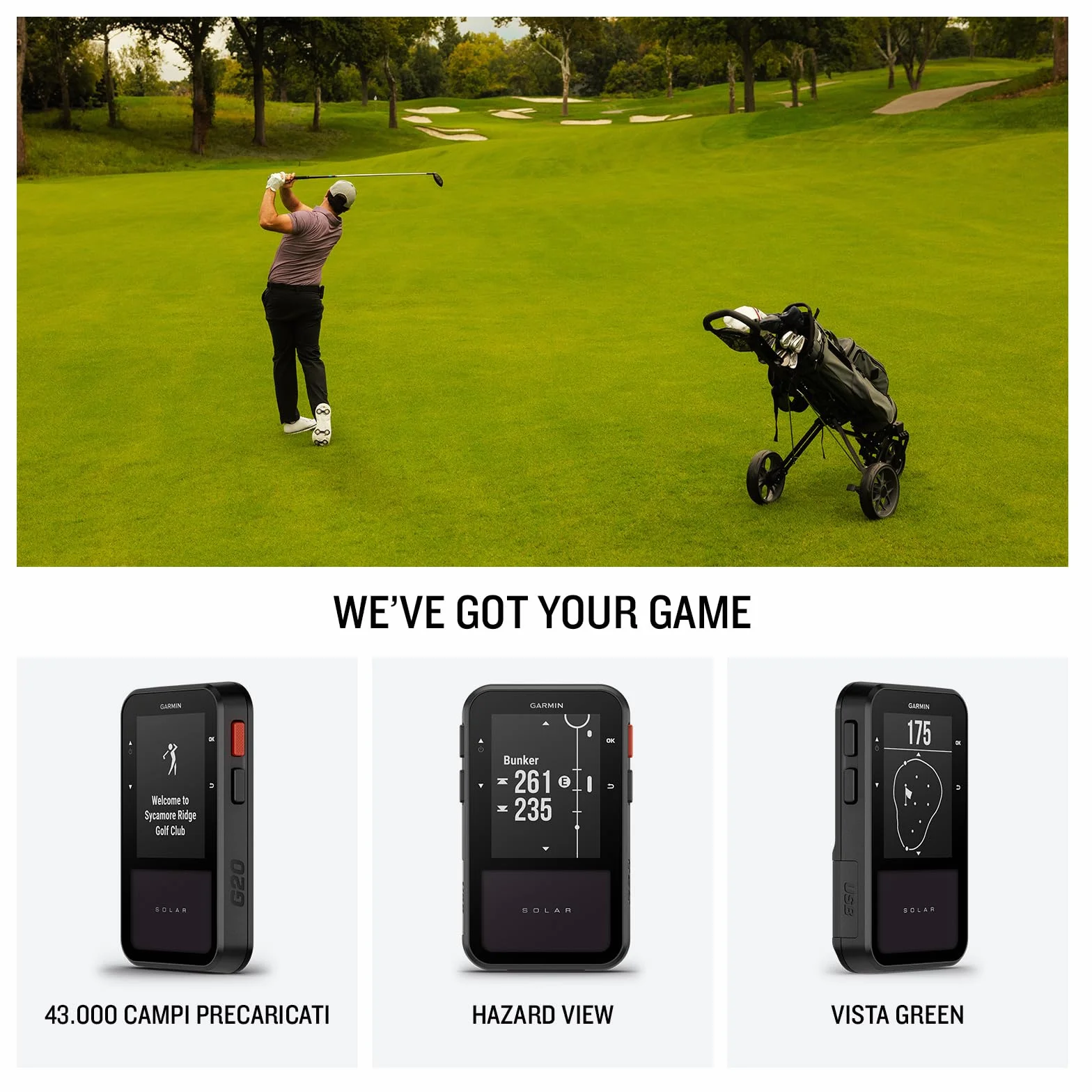 Garmin Approach G20 GPS Golf Portatile, Ricarica Solare, Mappe 43.000 Campi, Display 2,2"