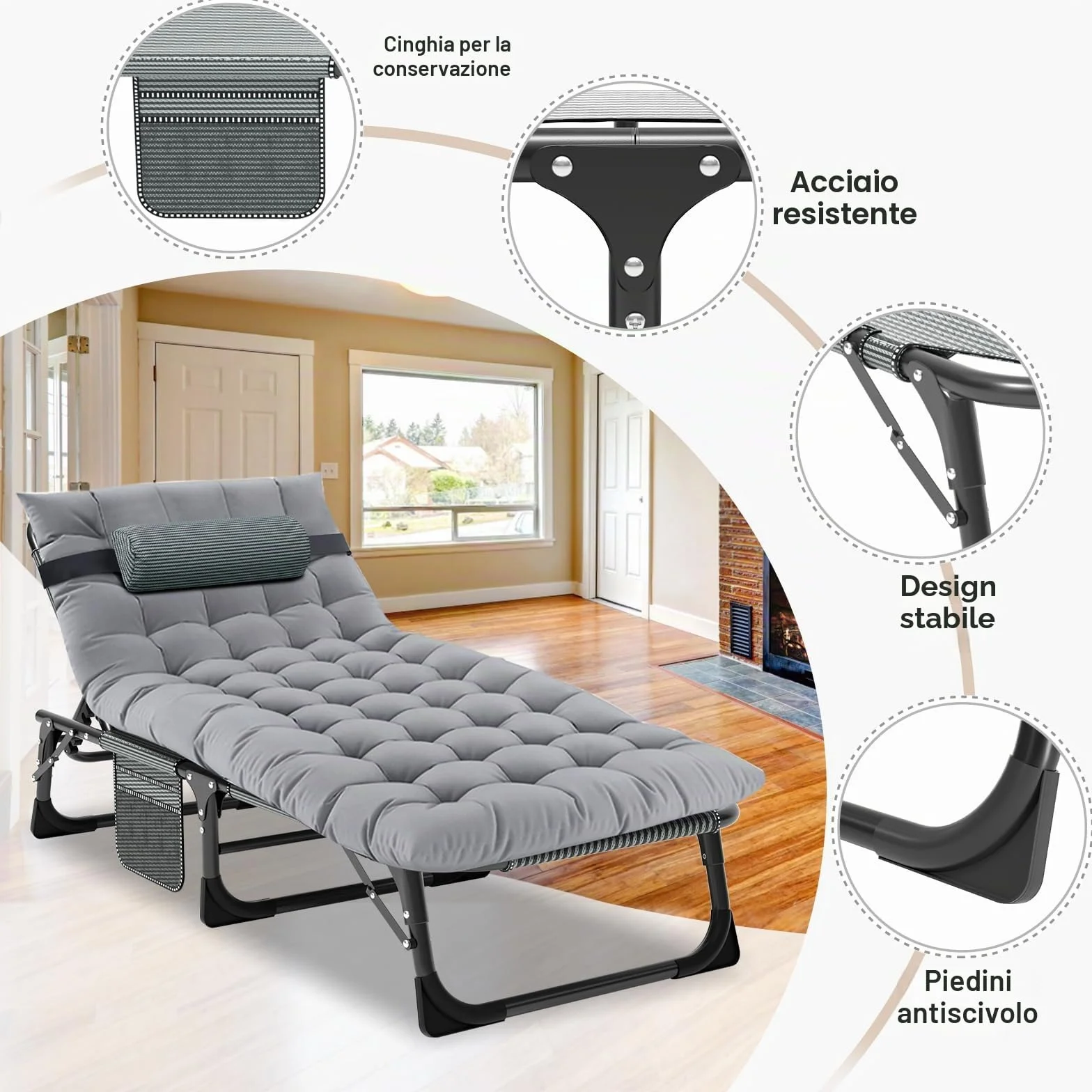 MOPHOTO Lettino prendisole pieghevole per giardino con materasso, schienale e gambe regolabili, portatile, per interni ed esterni, sedia a sdraio pieghevole per abbronzatura al sole, perfetta per