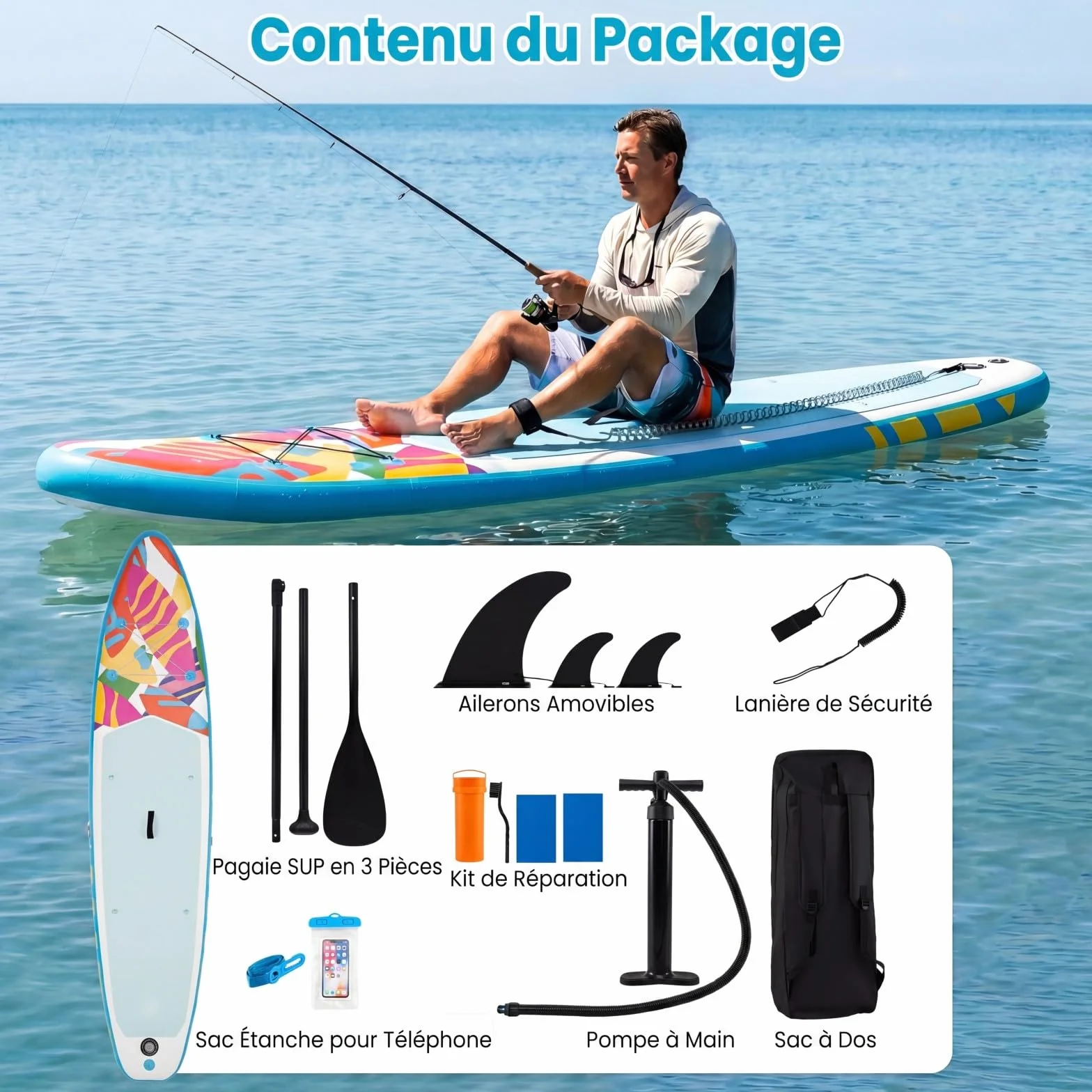 HOMASIS Tavola da SUP Gonfiabile, Paddle Board con Pompa Manuale, 3 Pinne Rimovibili, 336 x 77 x 16 cm