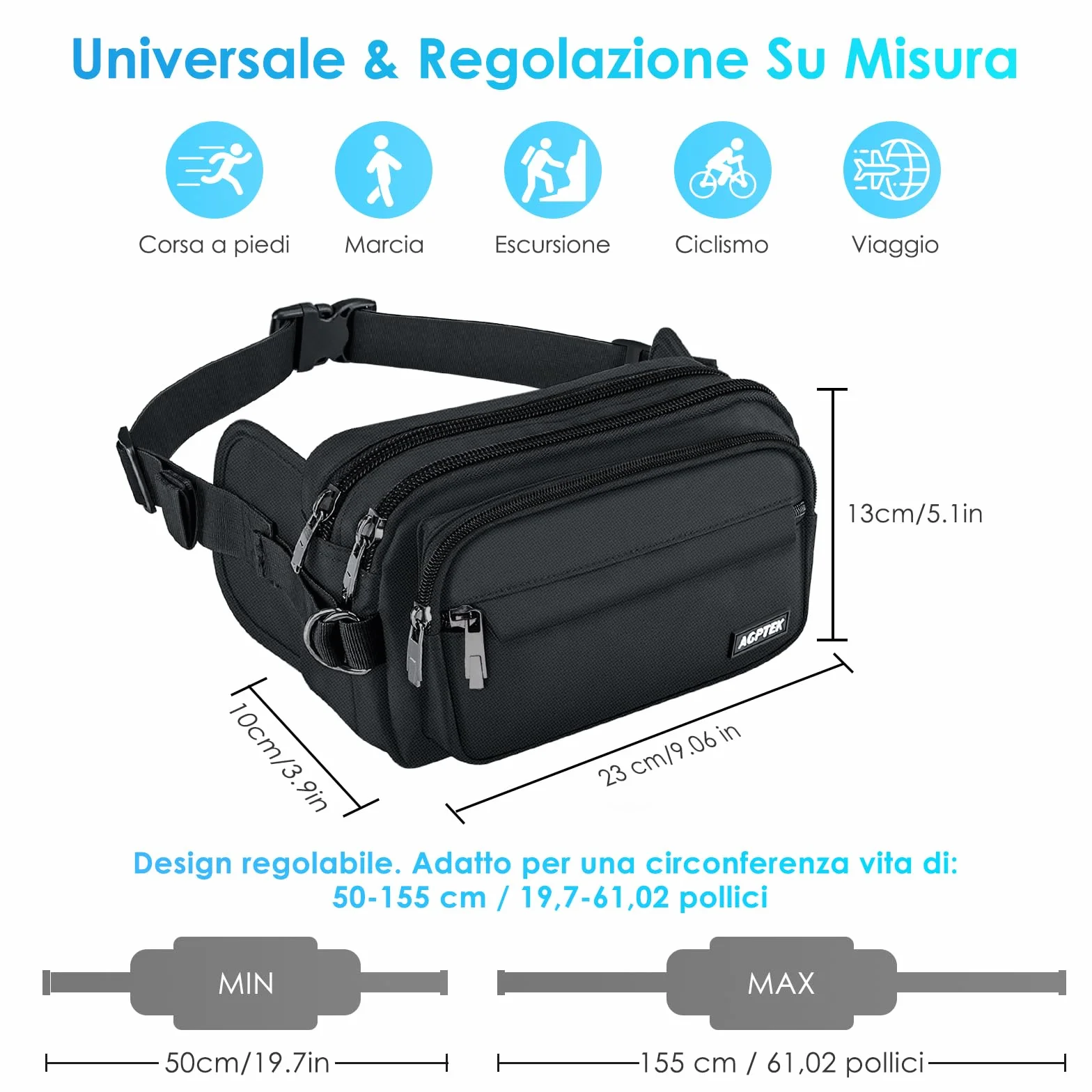 AGPTEK Marsupio Sportivo Uomo Donna 5 Tasche Lavoro Grande RFID Portasoldi Cintura Regolabile Corsa Campeggio Viaggio