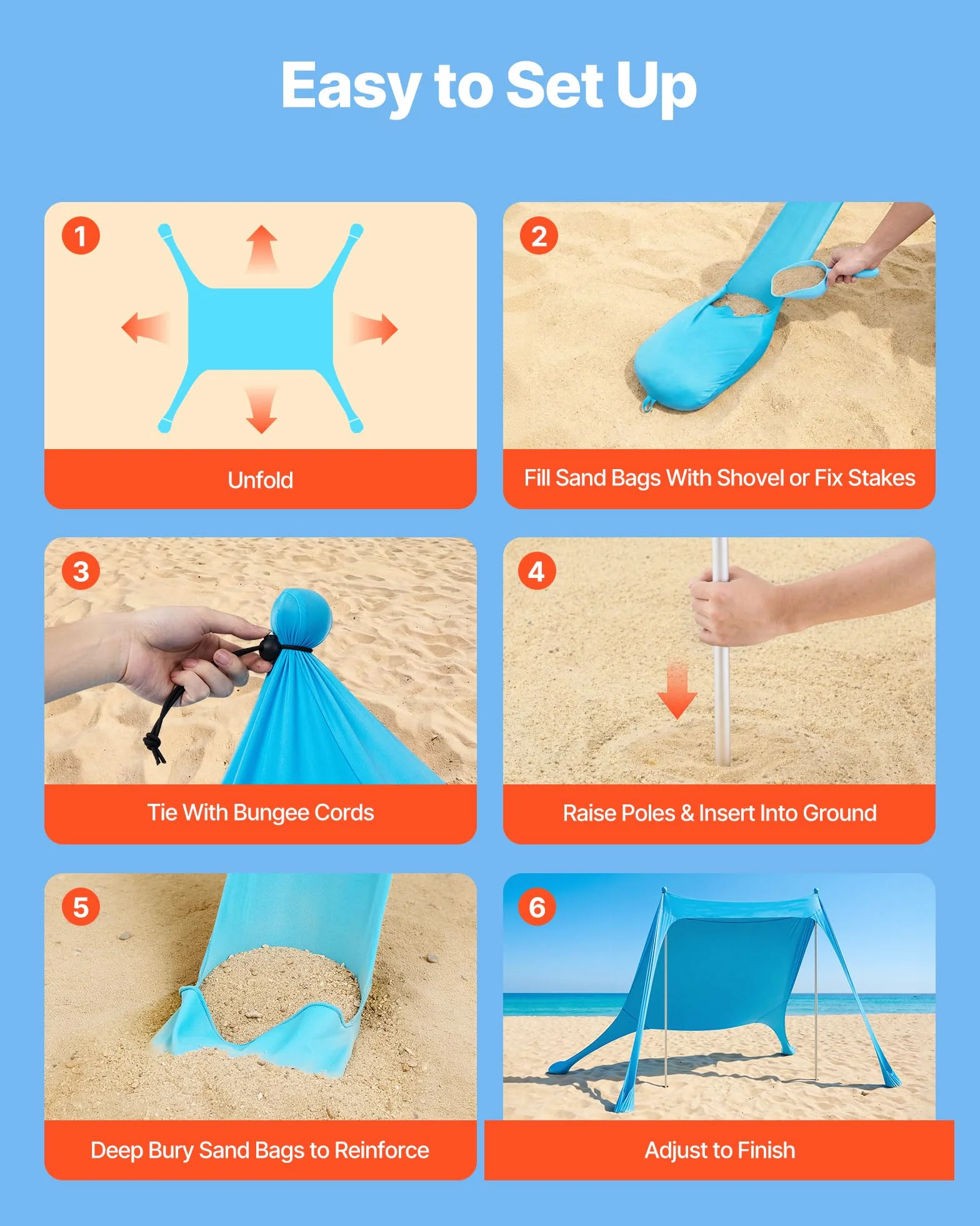 VEVOR Tenda Parasole Portatile da Spiaggia per Esterno Protezione Solare UPF50+ 2,3 x 2,3 x 2 m, Parasole da Spiaggia con Pali di Supporto Tenda Portatile per Campeggio Viaggio Pesca, Blu