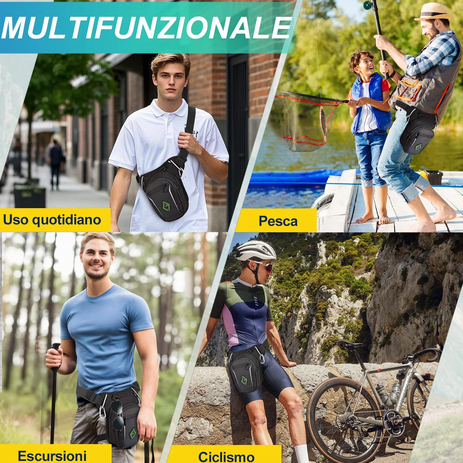 Eshow Marsupio da Gamba Moto, Borsa Cosciale Espandibile con Striscia Riflettente e Cintura Regolabile per Uomo Donna, Borsello Sportivo Nero