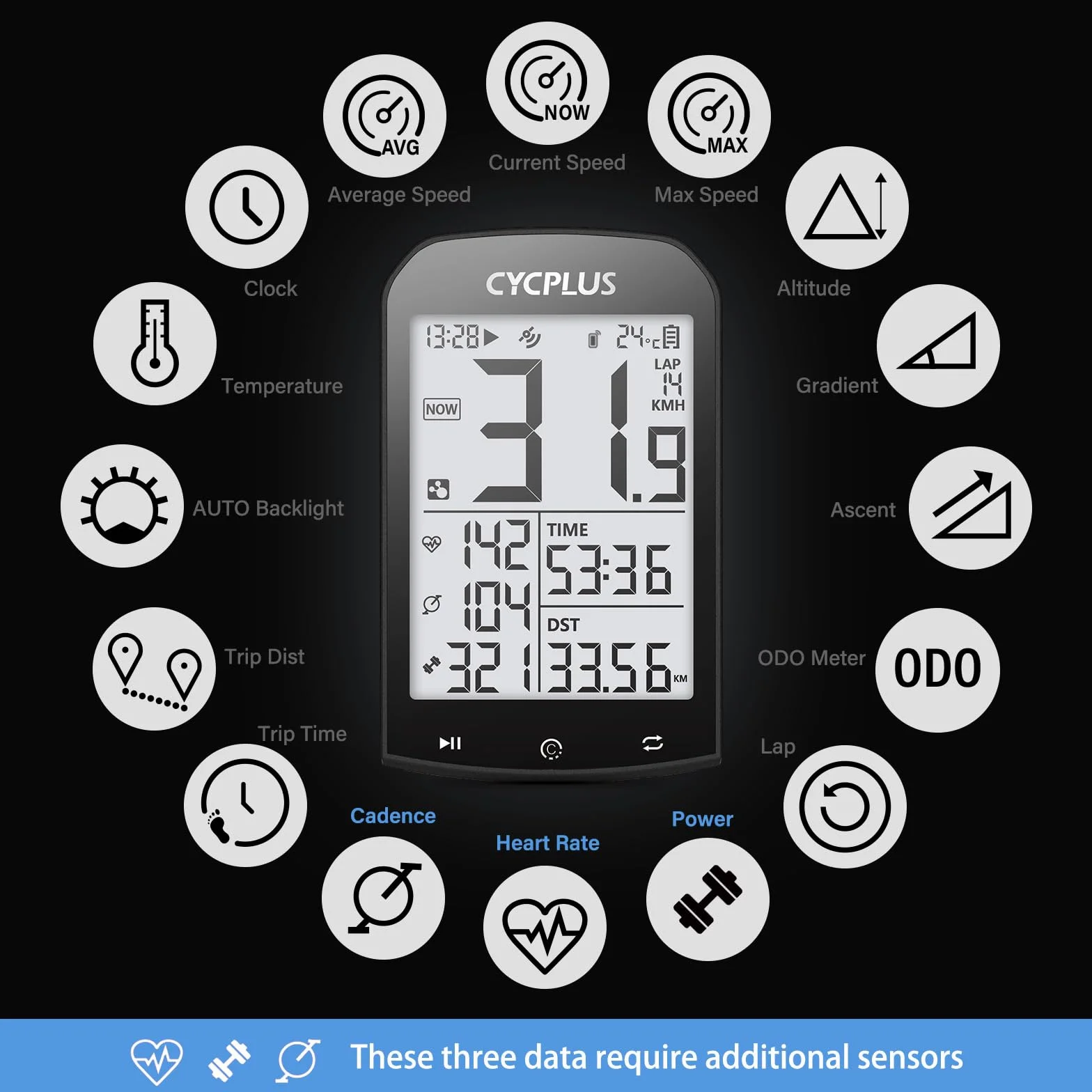CYCPLUS Tachimetro GPS per Bici Impermeabile ANT+ Wireless Bluetooth Display LCD 2,9 Pollici
