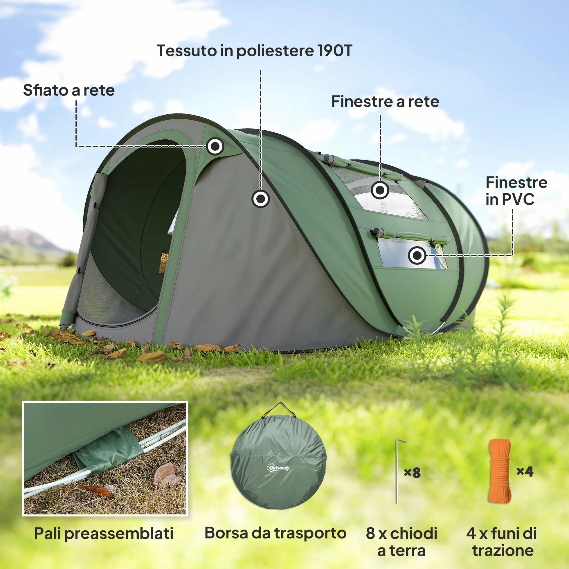 Outsunny Tenda da Campeggio Pop Up 2 Posti Impermeabile 263.5x220x123 cm Verde Scuro