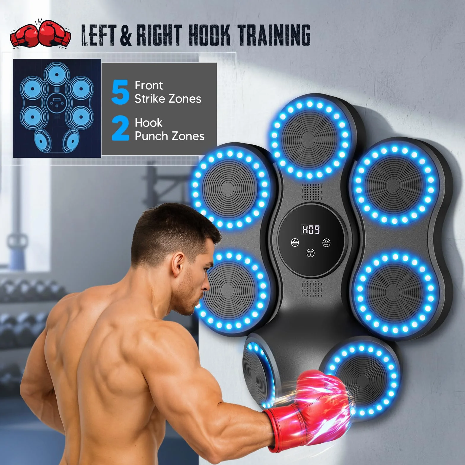 Music Boxing Machine, Pungiball Elettrico con Bluetooth&Schermo LED, 9 Velocità Regolabili,11 Modalità di Allenamento, Pad da Pugilato a Parete, Attrezzatura Fitness Intelligente per Adulti e Bambini