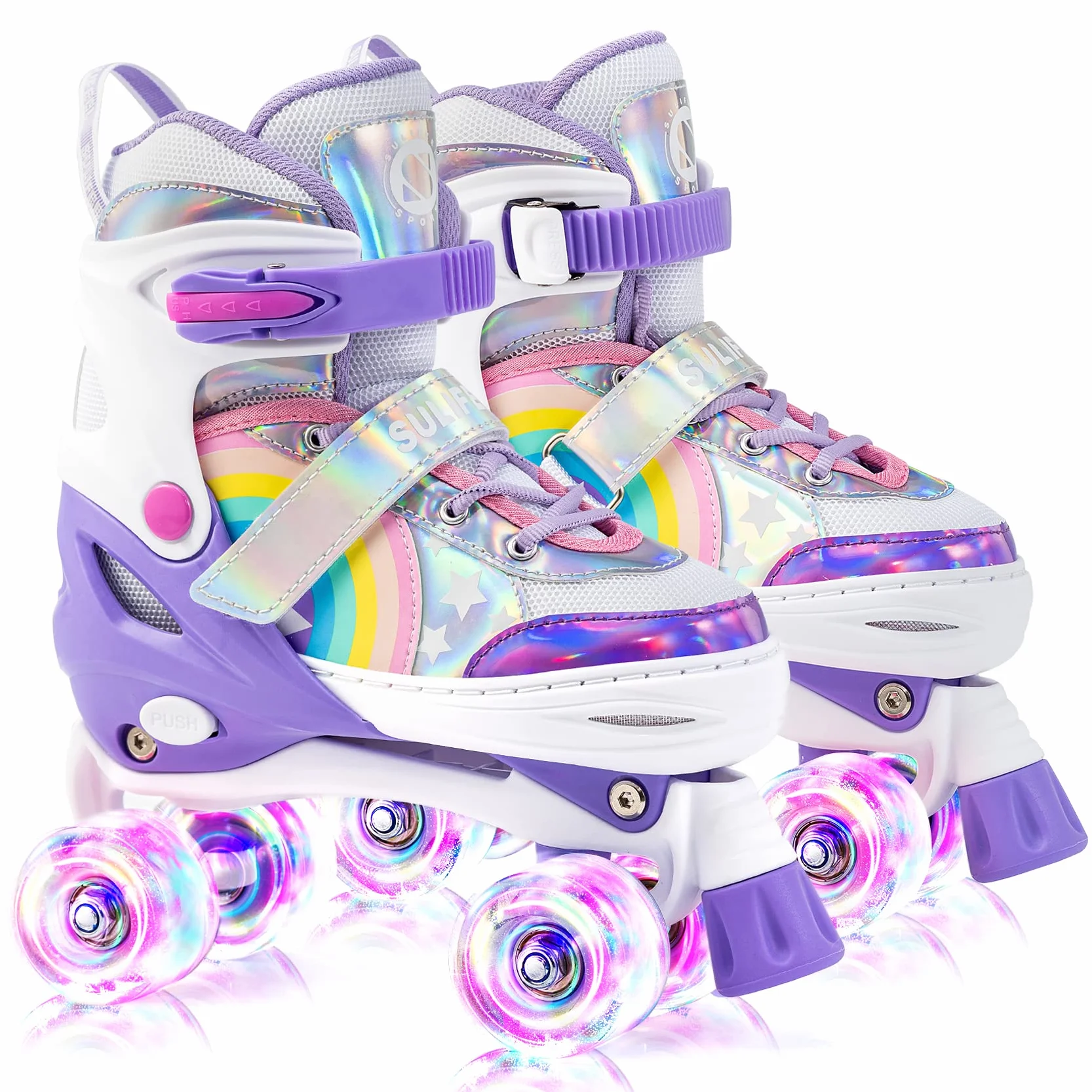 SULIFEEL Rainbow Unicorn Pattini a rotelle regolabili per bambini con ruote luminose per ragazze e ragazzi